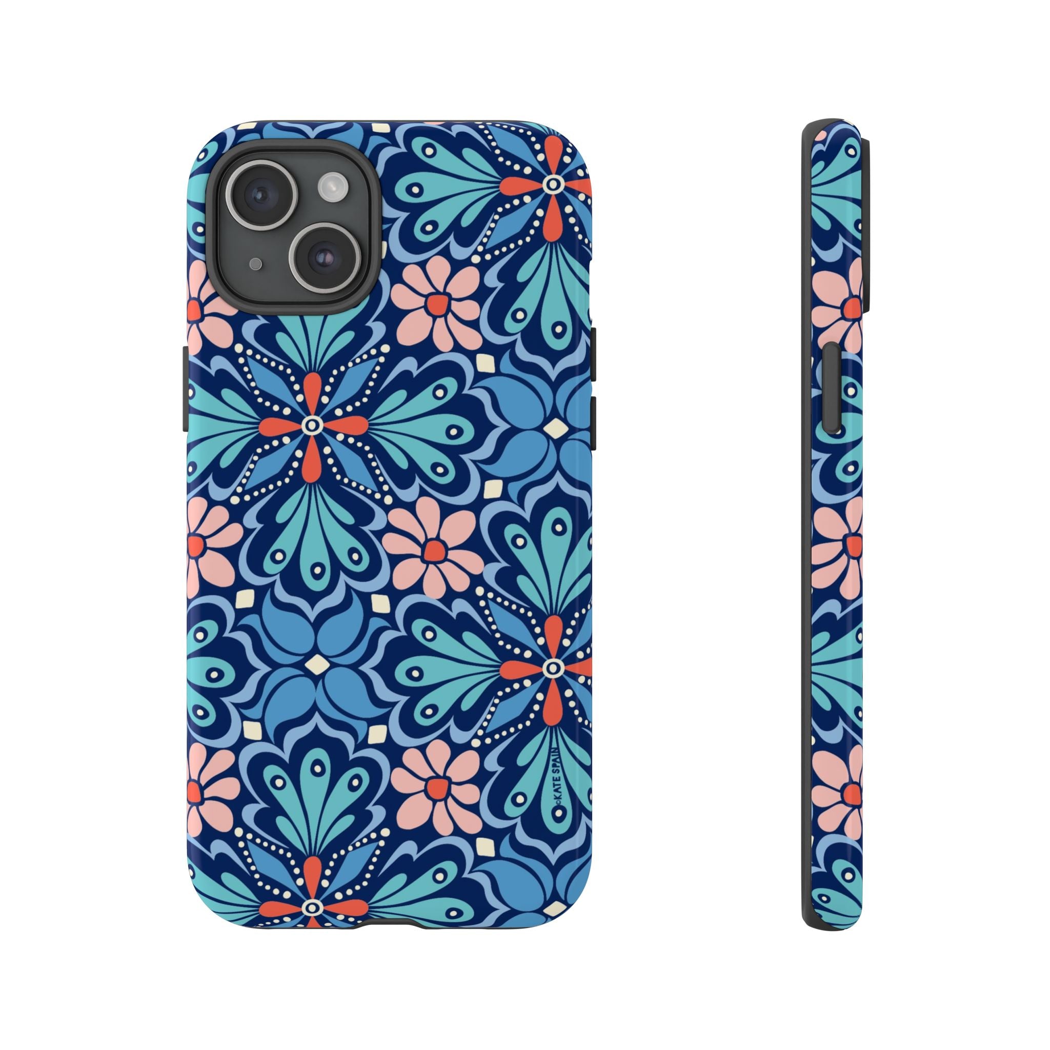 Bolero Tough iPhone 15 Plus Case – Glossy | navy, cobalt, blush geometric medallion floral print
