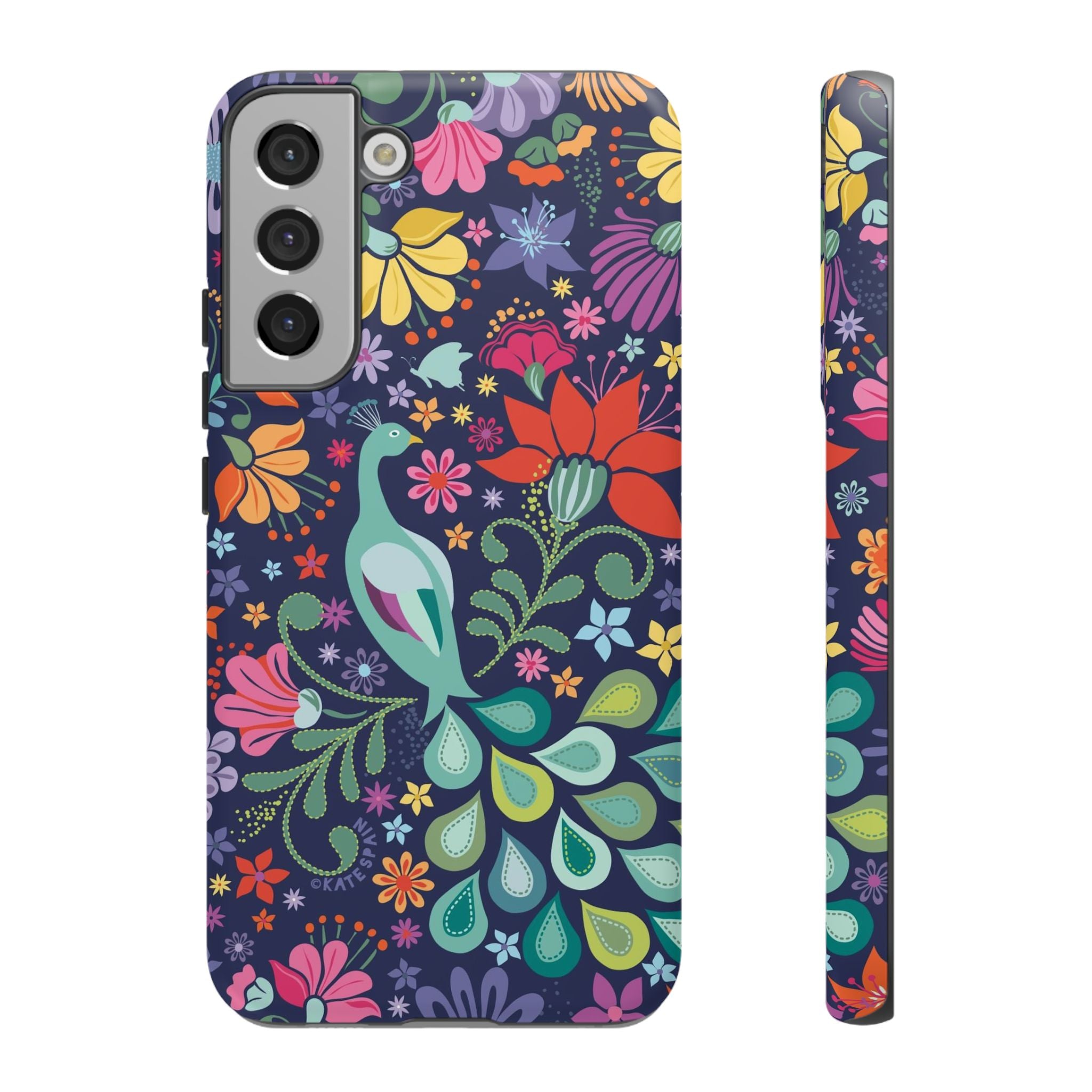 Luxury Peacock Sanctuary Samsung Galaxy S22 Plus Case – Matte | navy, teal, coral multicolor vibrant peacock feather botanical print