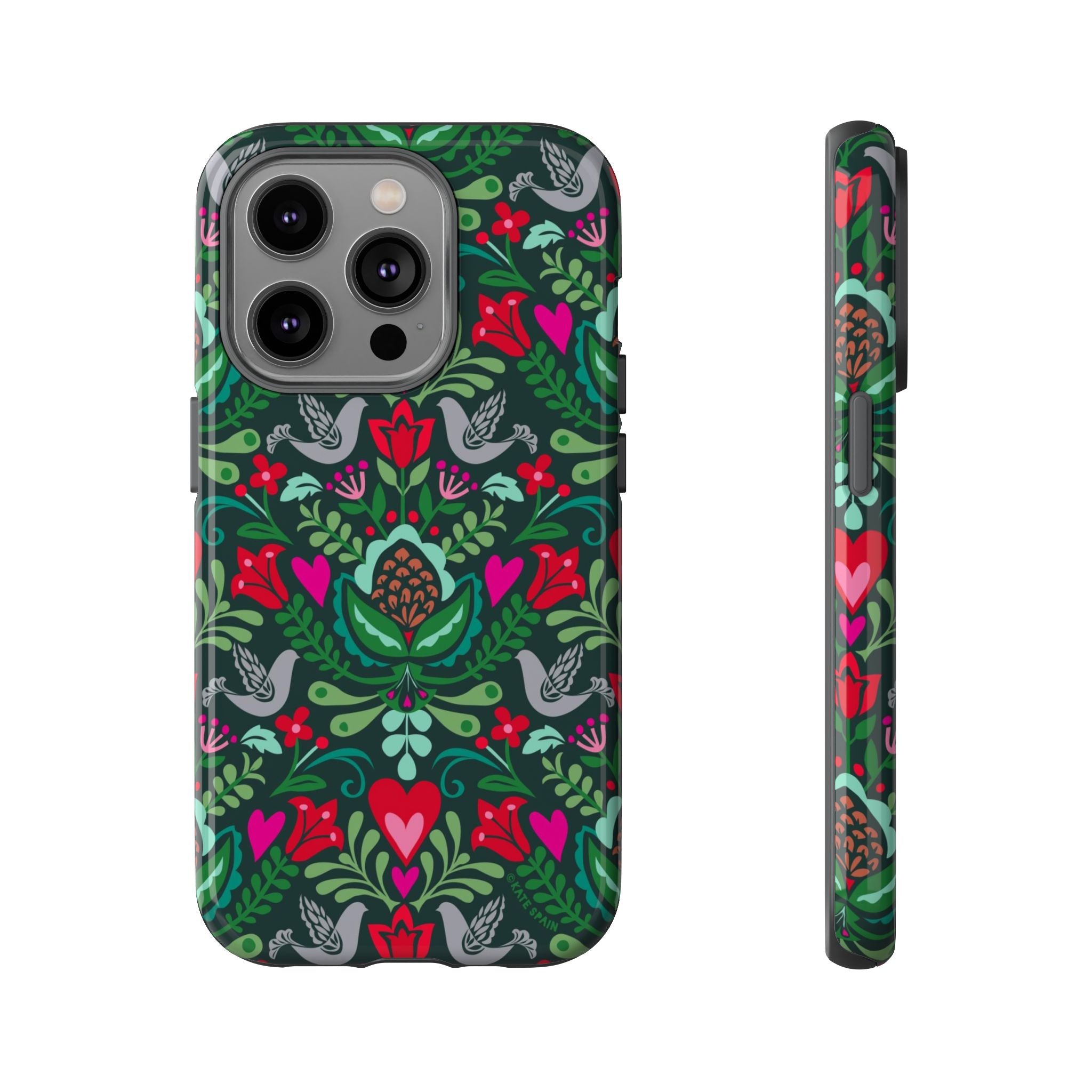 Rosemaling Tough iPhone 14 Pro Case – Glossy | dark green, red, pink, gray folk art floral bird print