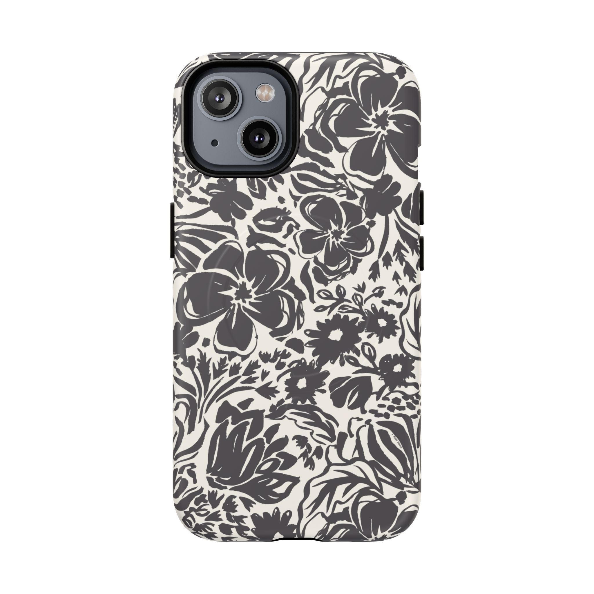 Rhapsody Black MagSafe iPhone 14 Matte case — bold charcoal floral print on cream by Kate Spain