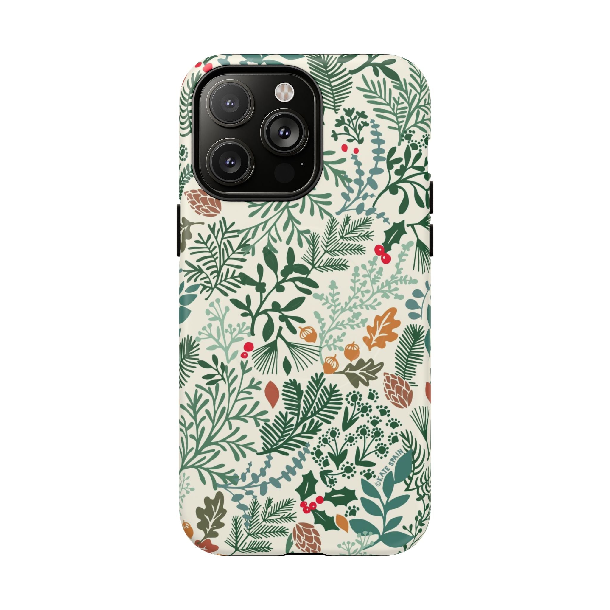 Juniper MagSafe iPhone 14 Pro Max Case – Matte | cream, forest green, sage, and rust winter botanical print with pine, holly, acorns, and pinecones