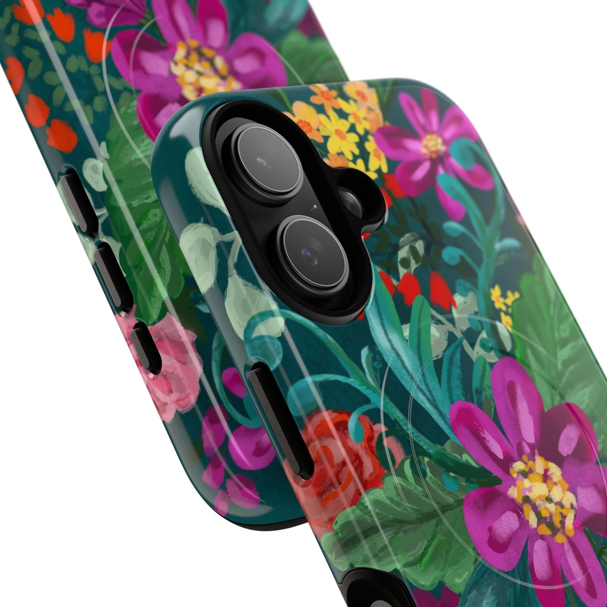 Posy MagSafe iPhone 17 Case – Glossy | teal, purple, magenta, yellow botanical wildflower print | angled view closeup of camera cutout and buttons