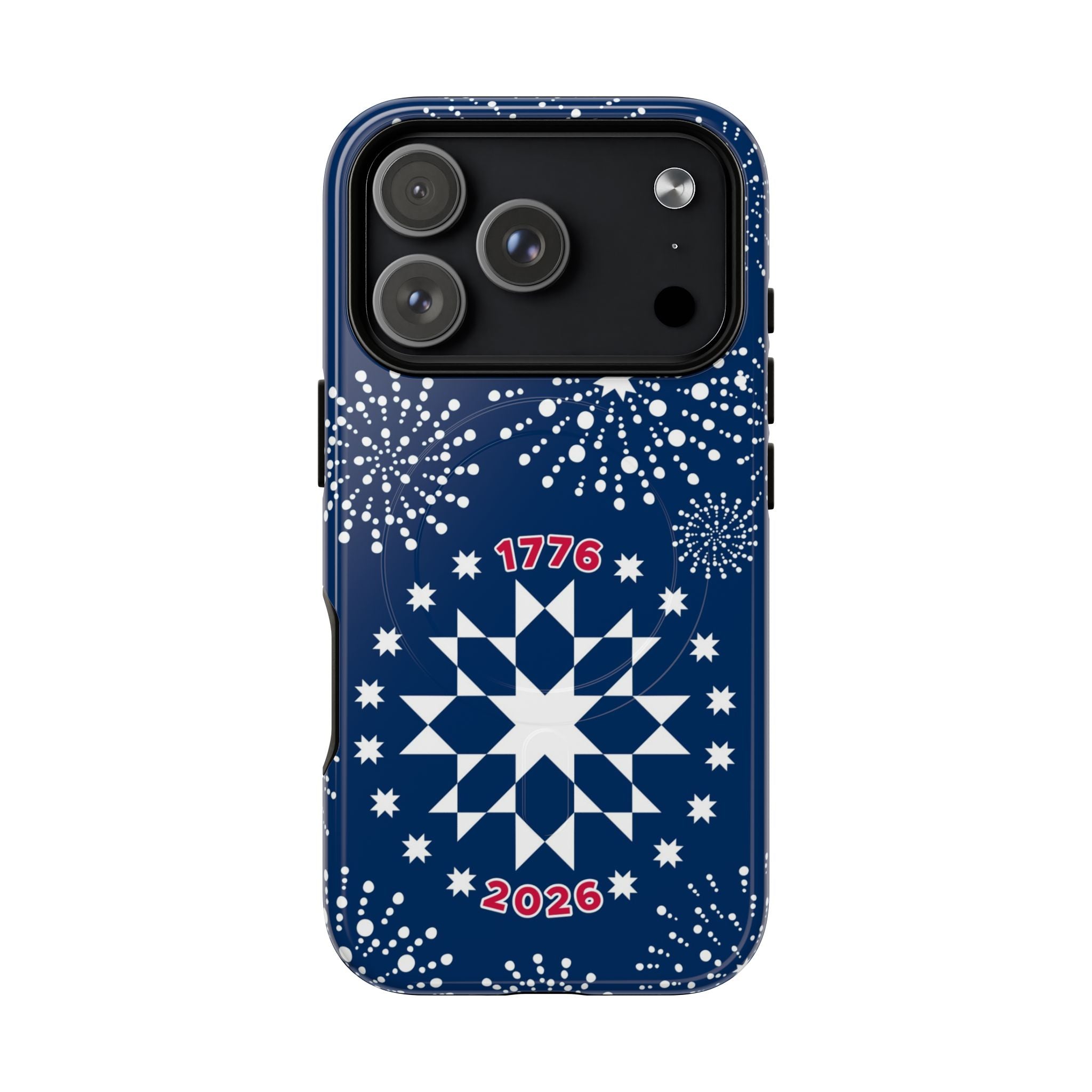 250th Fireworks MagSafe iPhone 17 Pro Case – Glossy | navy, white patriotic star quilt fireworks print
