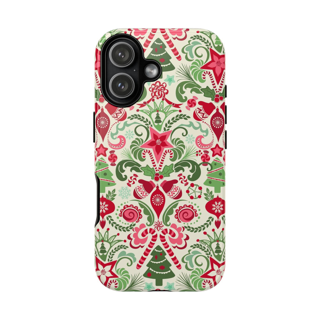 Wonderland Tough iPhone 17 Case – Glossy | cream, red, green Christmas ornament damask print