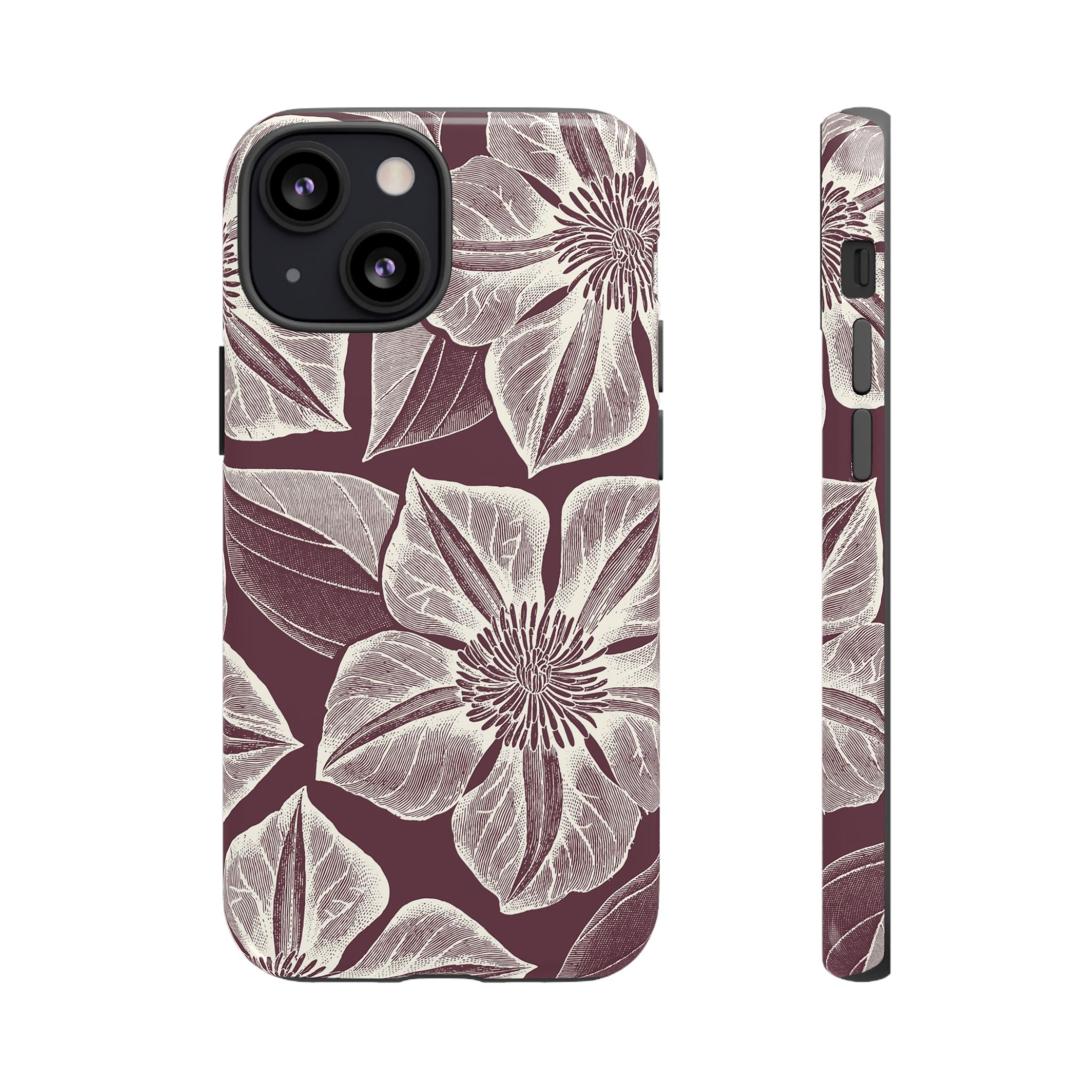 Vintage Bloom Burgundy iPhone 13 Mini case – Glossy | burgundy ground, large-scale cream clematis print, engraved petal detail, dual-layer protection