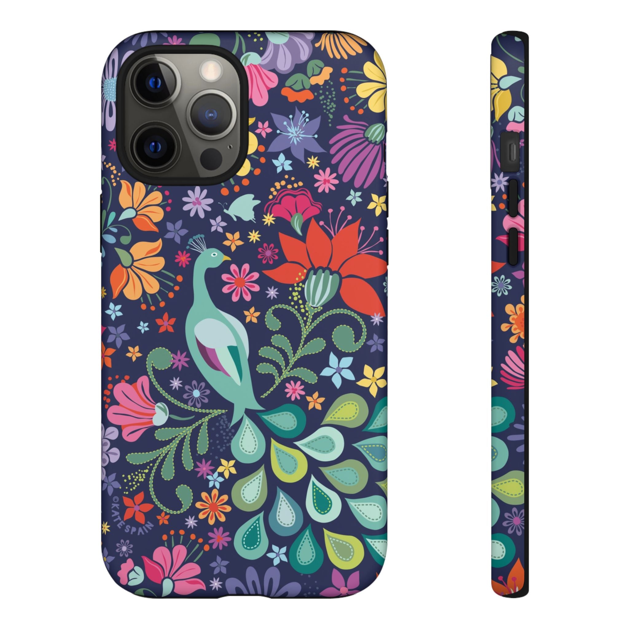 Peacock Sanctuary Tough iPhone 12 Pro Max Case – Matte | navy, teal, coral multicolor vibrant peacock feather botanical print