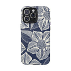 Vintage Bloom Navy MagSafe iPhone 15 Pro Max Case – Matte | navy ground, large-scale white clematis print, engraved petal detail, dual-layer protection