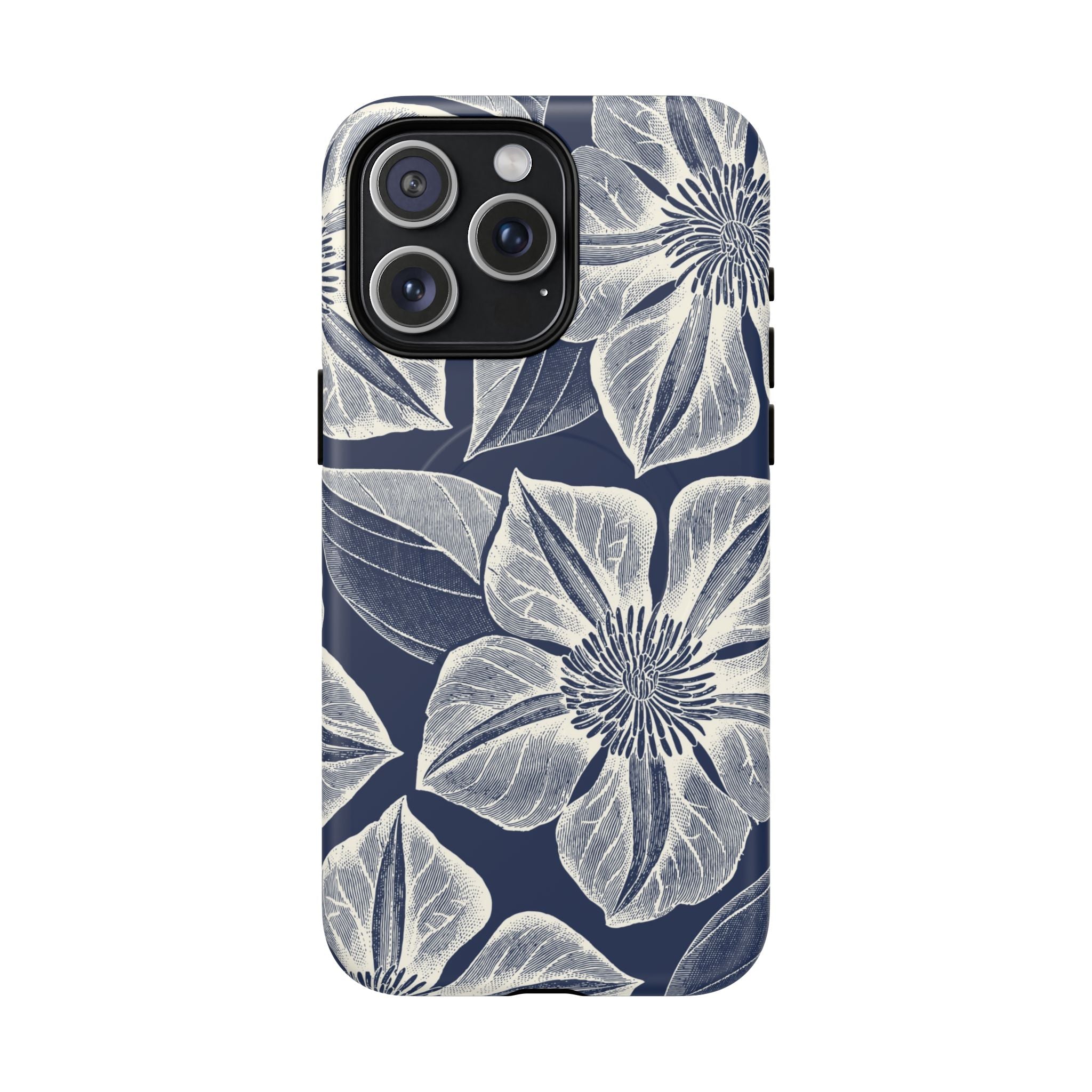 Vintage Bloom Navy MagSafe iPhone 15 Pro Max Case – Matte | navy ground, large-scale white clematis print, engraved petal detail, dual-layer protection