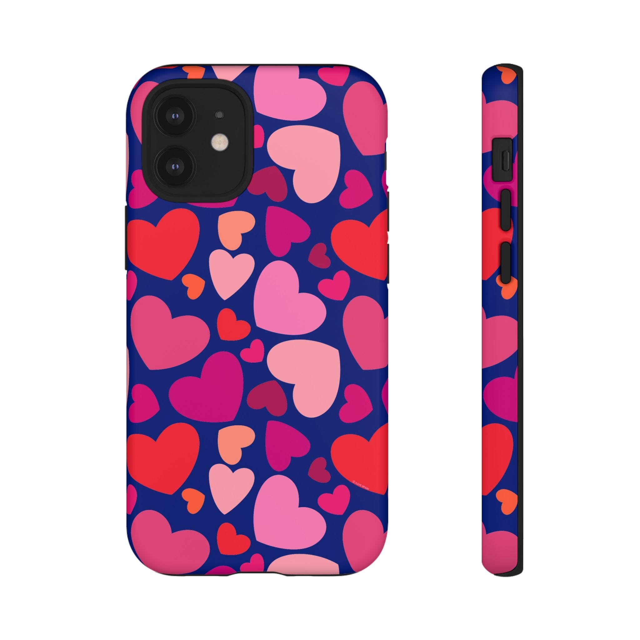 Hearts Tough iPhone 12 Mini Case – Matte | navy, pink, red, coral scattered heart print