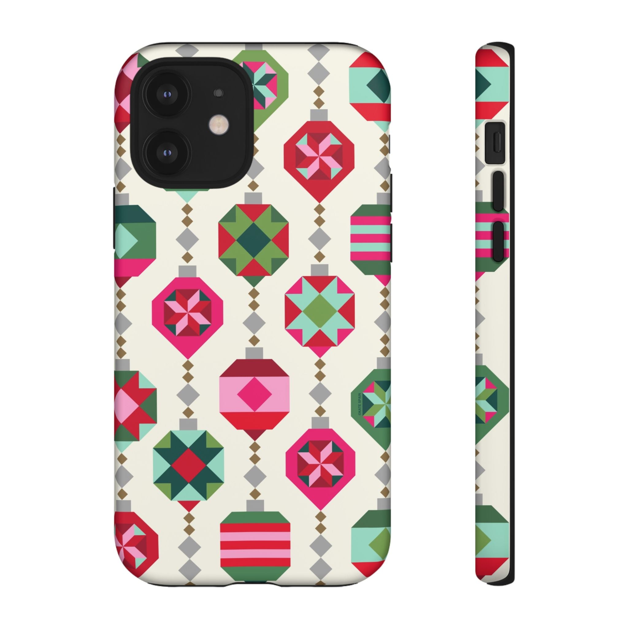 Felicity Ornaments Tough iPhone 12 Case – Matte | cream, red, pink, green, mint geometric quilted ornament print