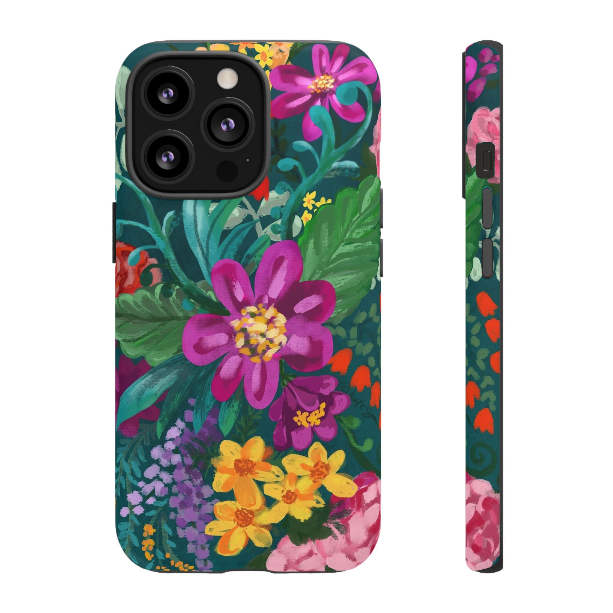 Posy Tough iPhone 13 Pro Case – Matte | teal, purple, magenta, yellow botanical wildflower print