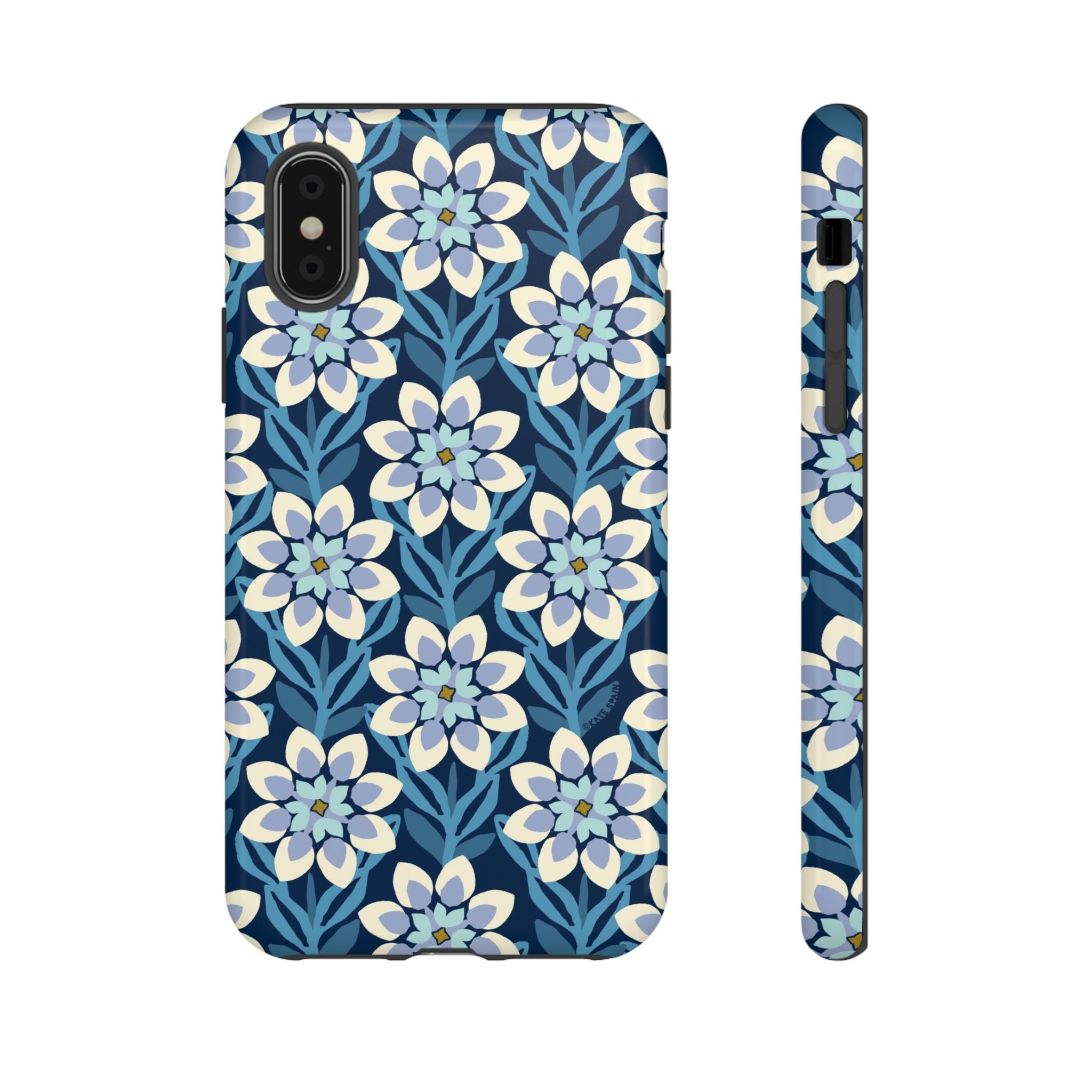 Designer Modern Dahlia Tough iPhone XS Case – Glossy | navy, cobalt, white dahlia floral print