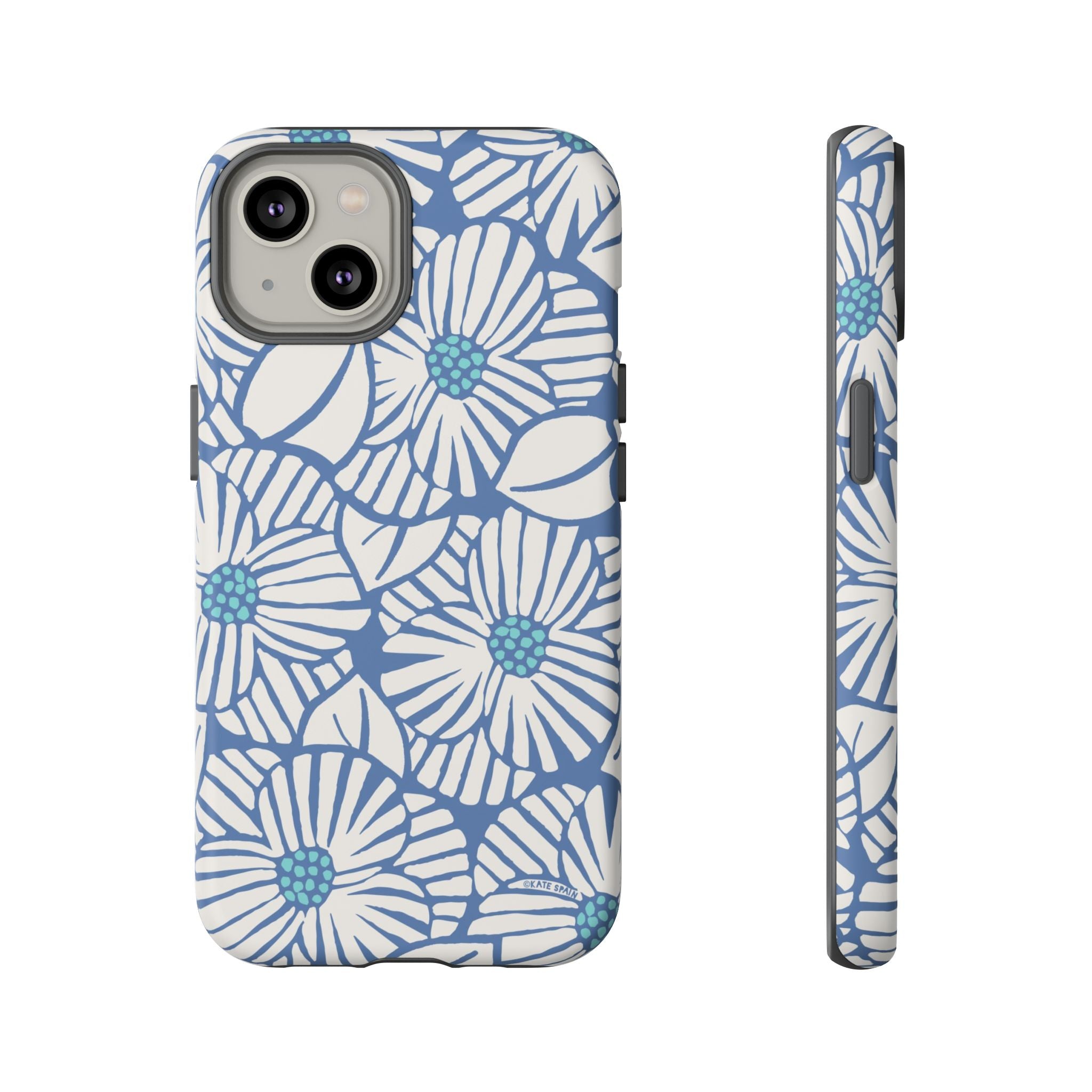Calendula Tough iPhone 14 Case – Matte | periwinkle, cream, teal graphic daisy floral print