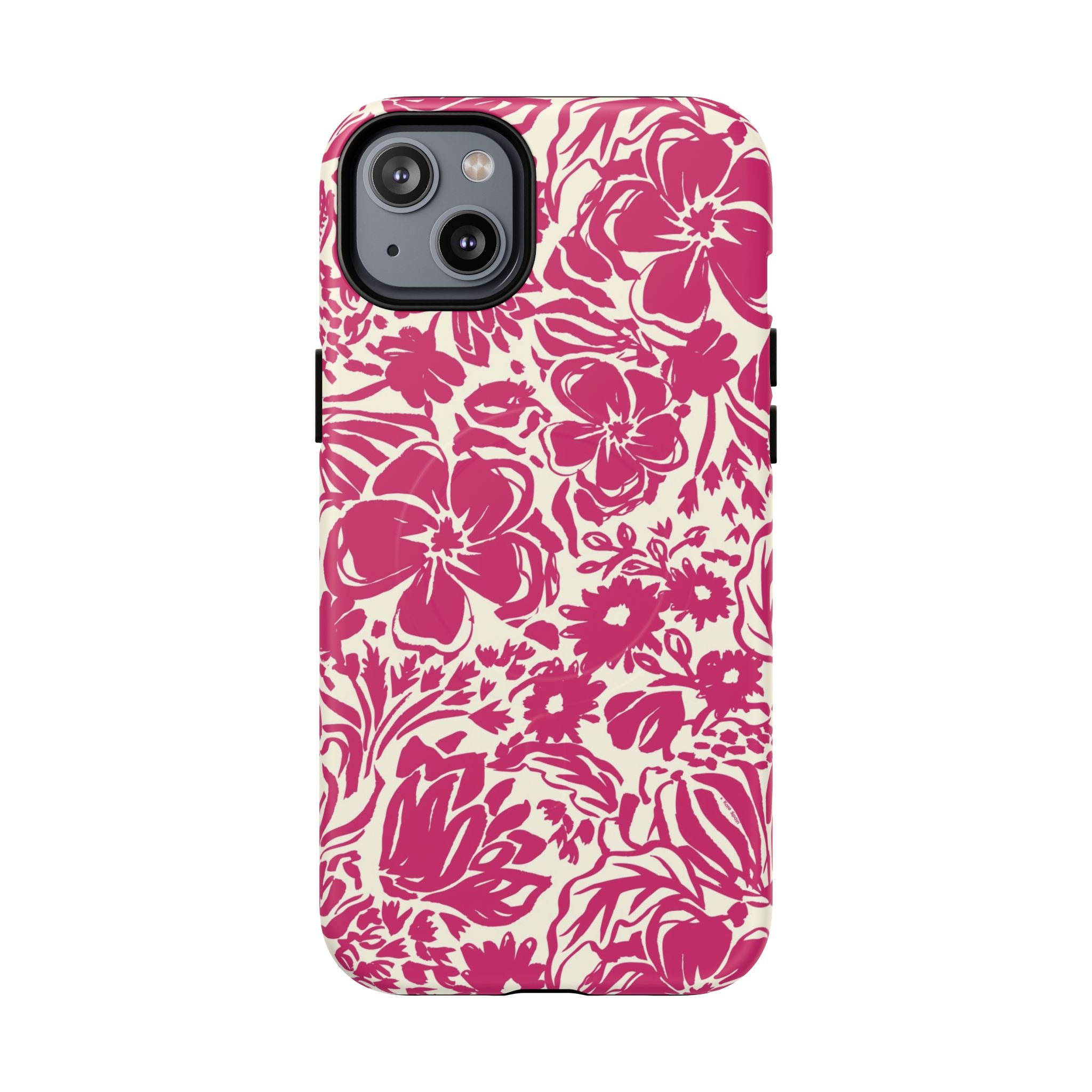 Rhapsody Bright Pink MagSafe iPhone 14 Plus Matte case — bold magenta floral print on cream by Kate Spain