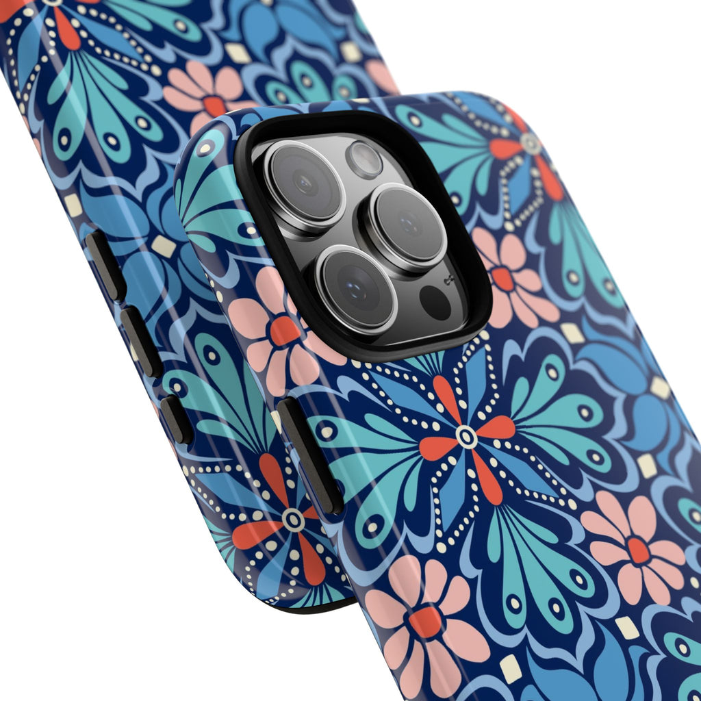 Bolero Tough iPhone 16 Pro Max Case – Glossy | navy, cobalt, blush geometric medallion floral print