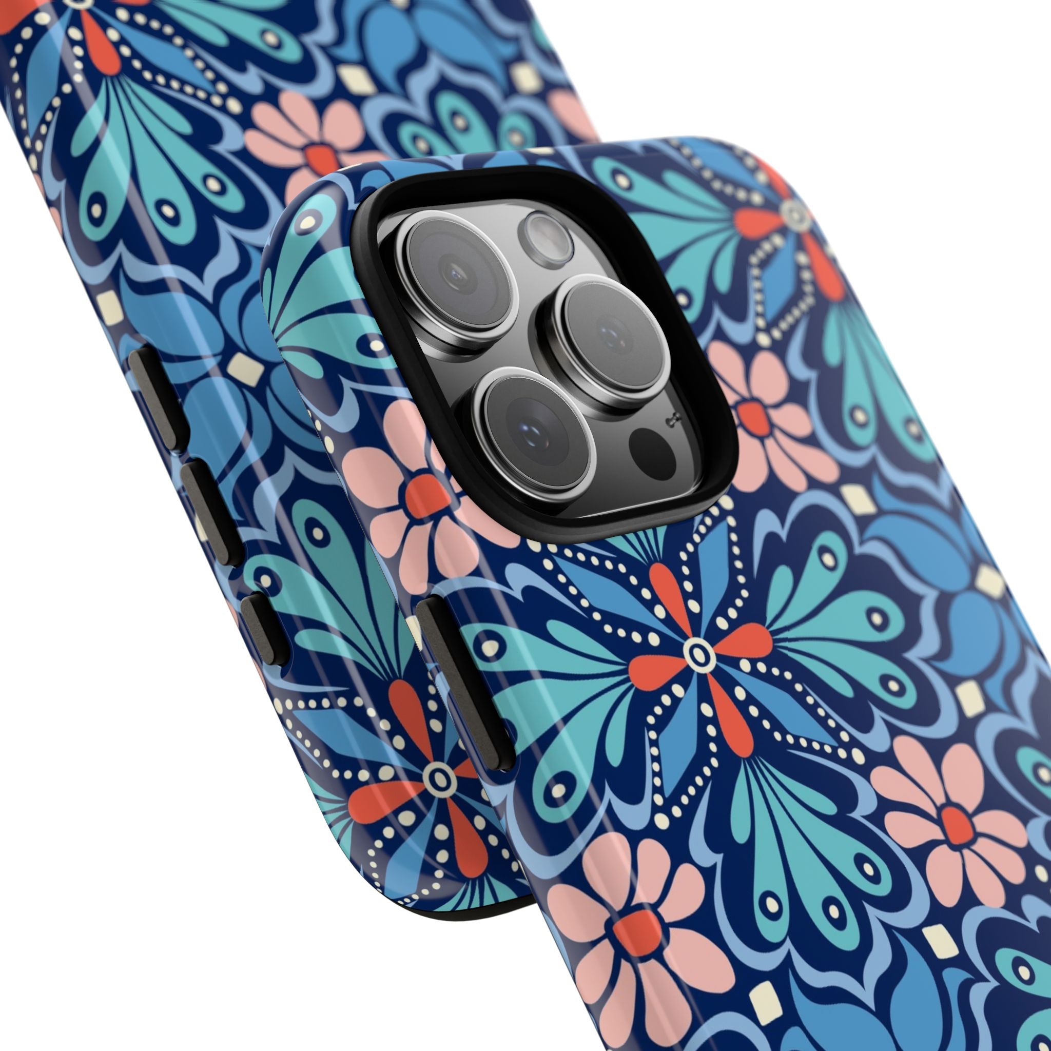 Bolero Tough iPhone 16 Pro Max Case – Glossy | navy, cobalt, blush geometric medallion floral print