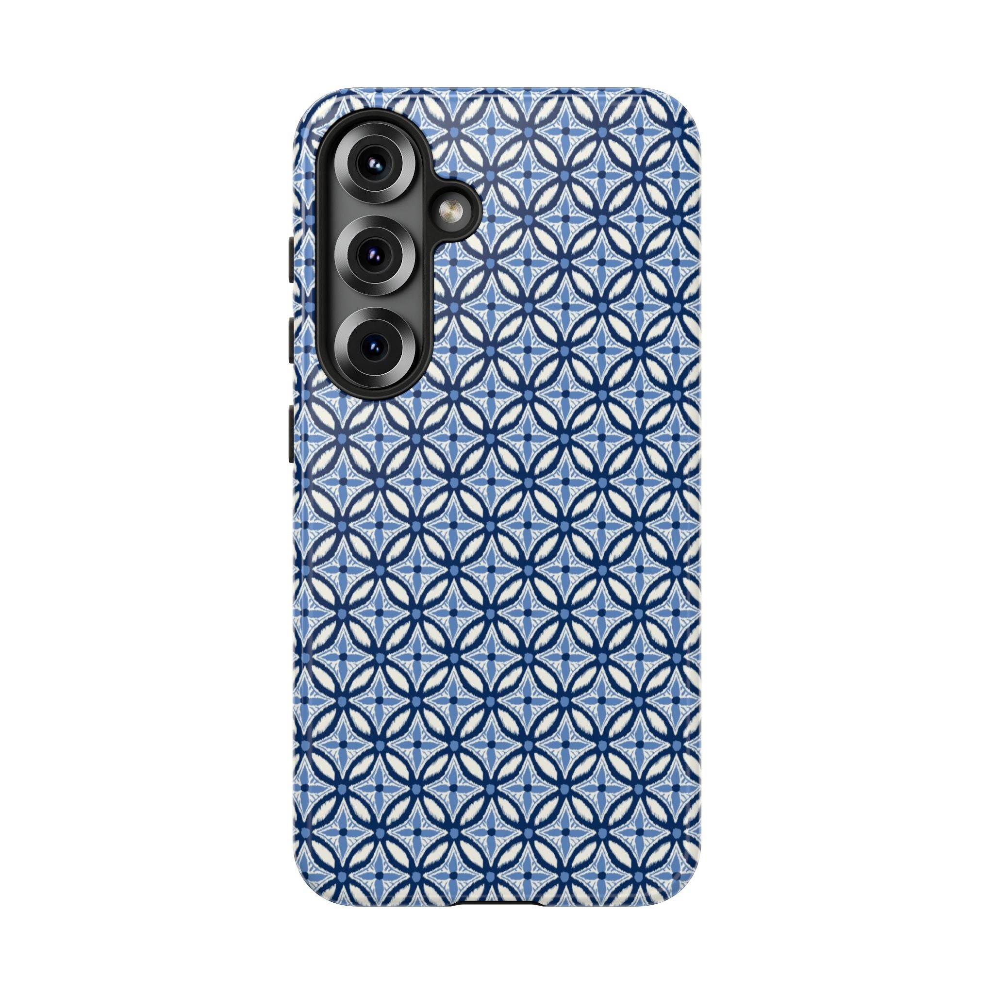 Light blue Samsung Galaxy case with navy and periwinkle ikat geometric pattern — botanical phone case by Kate Spain for Floriori