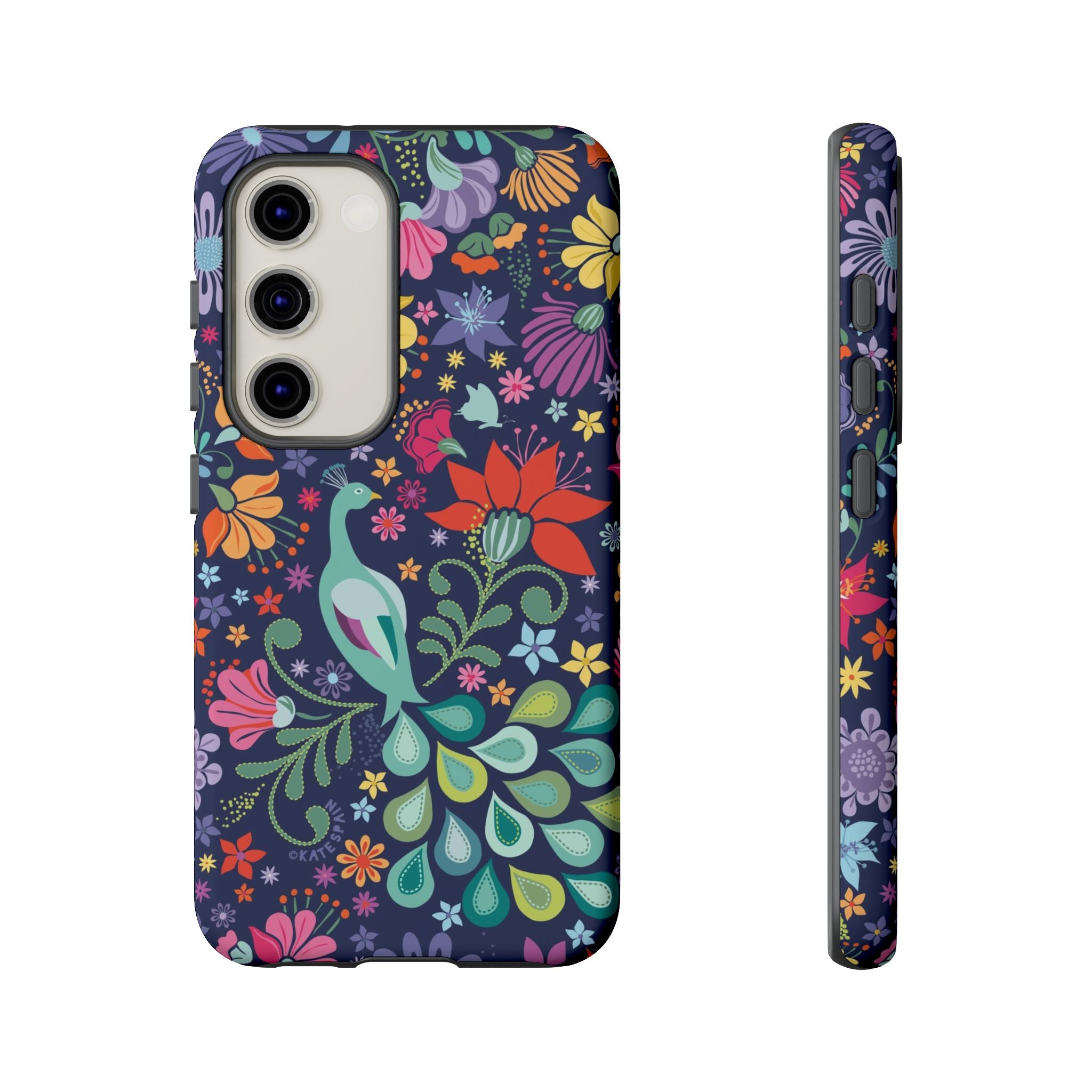 Luxury Peacock Sanctuary Samsung Galaxy S23 Case – Matte | navy, teal, coral multicolor vibrant peacock feather botanical print