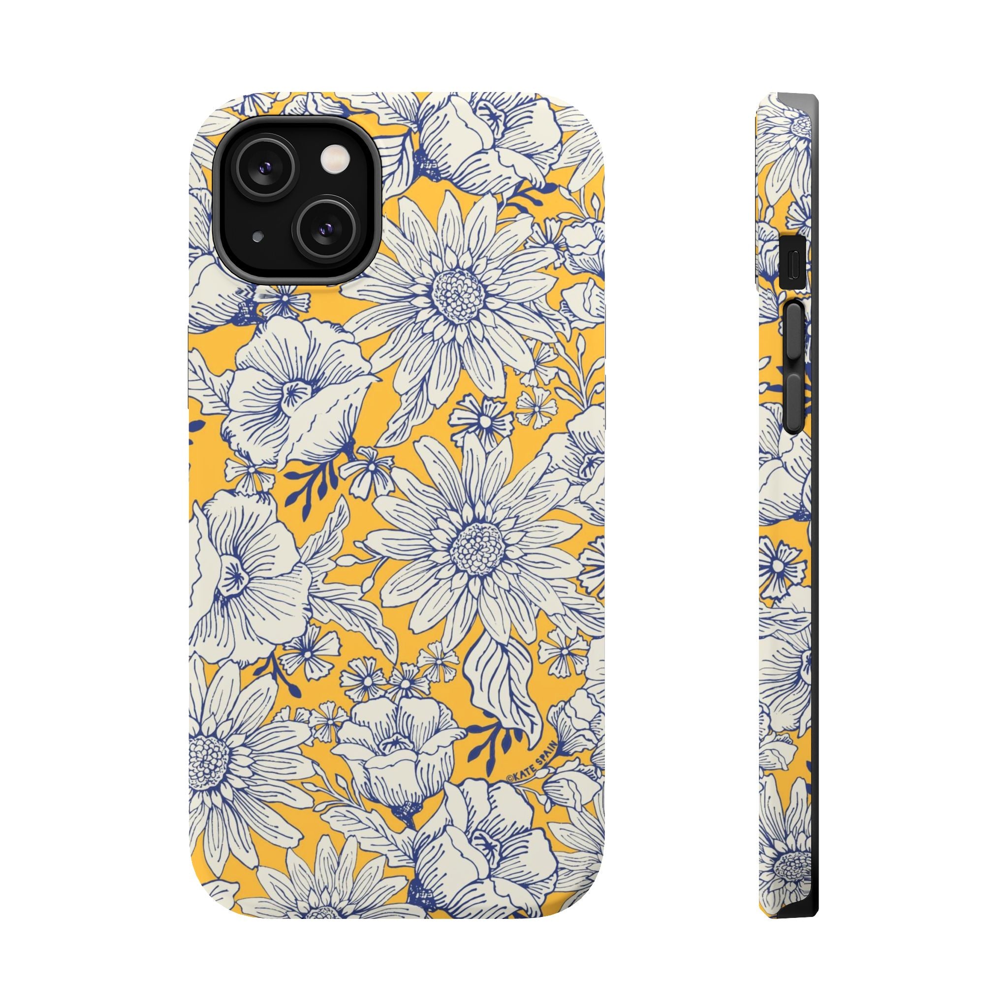 Jardin Luxury MagSafe iPhone 14 Plus Case – Matte | yellow, cream, blue botanical floral print