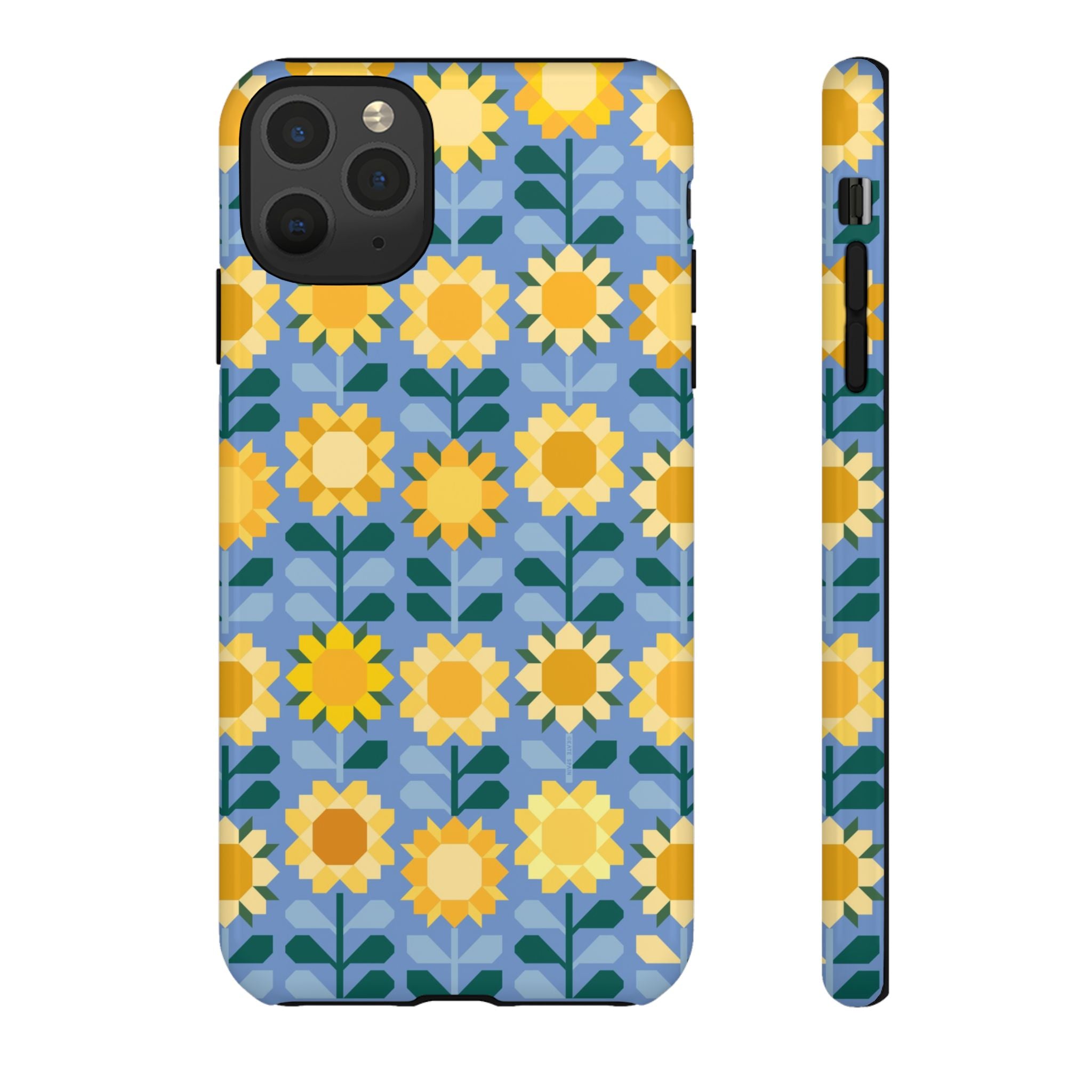 Sunflowers Tough iPhone 11 Pro Max Case – Glossy | blue, yellow, gold geometric sunflower print