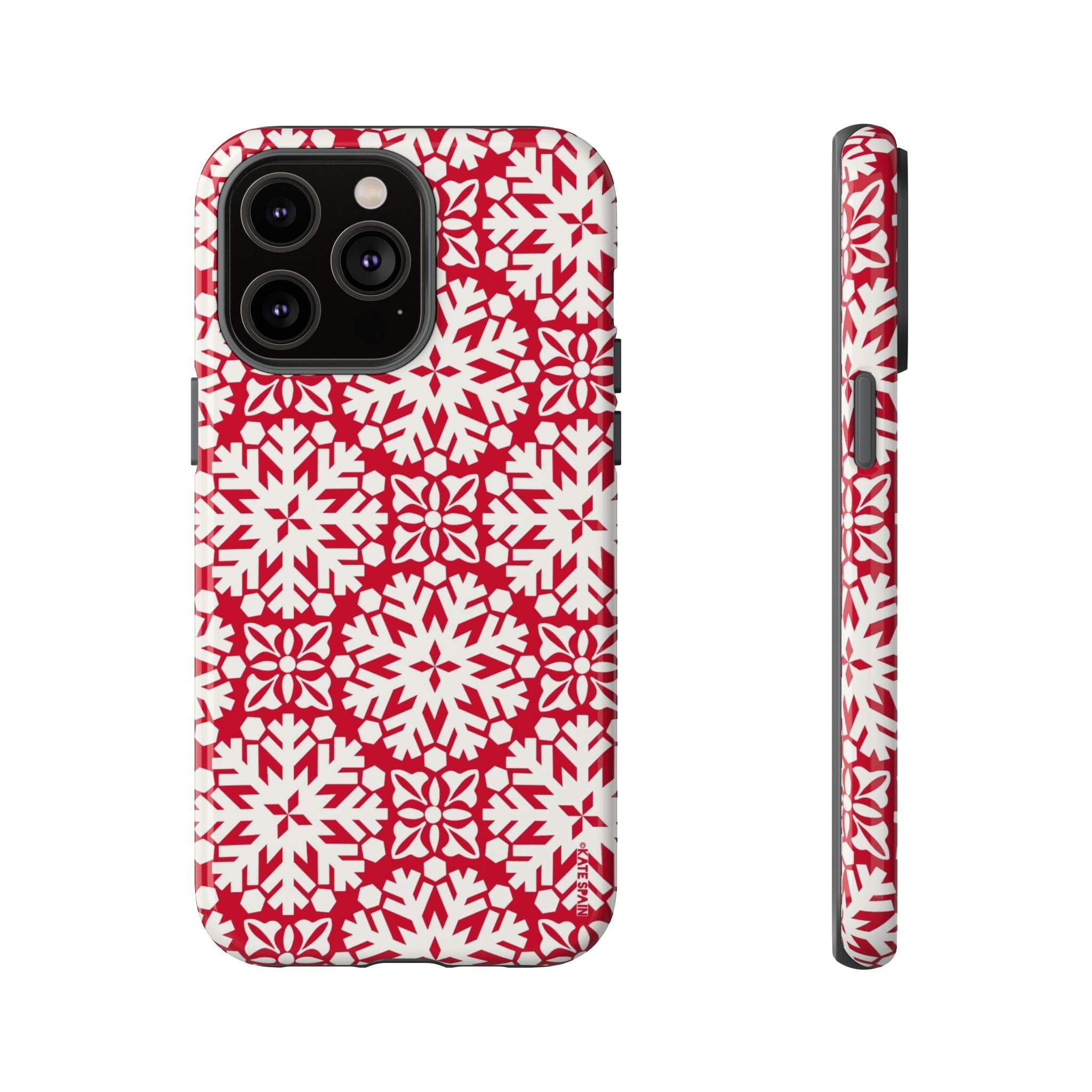 Flurry Tough iPhone 14 Pro Max Case – Glossy | red, cream geometric snowflake medallion print