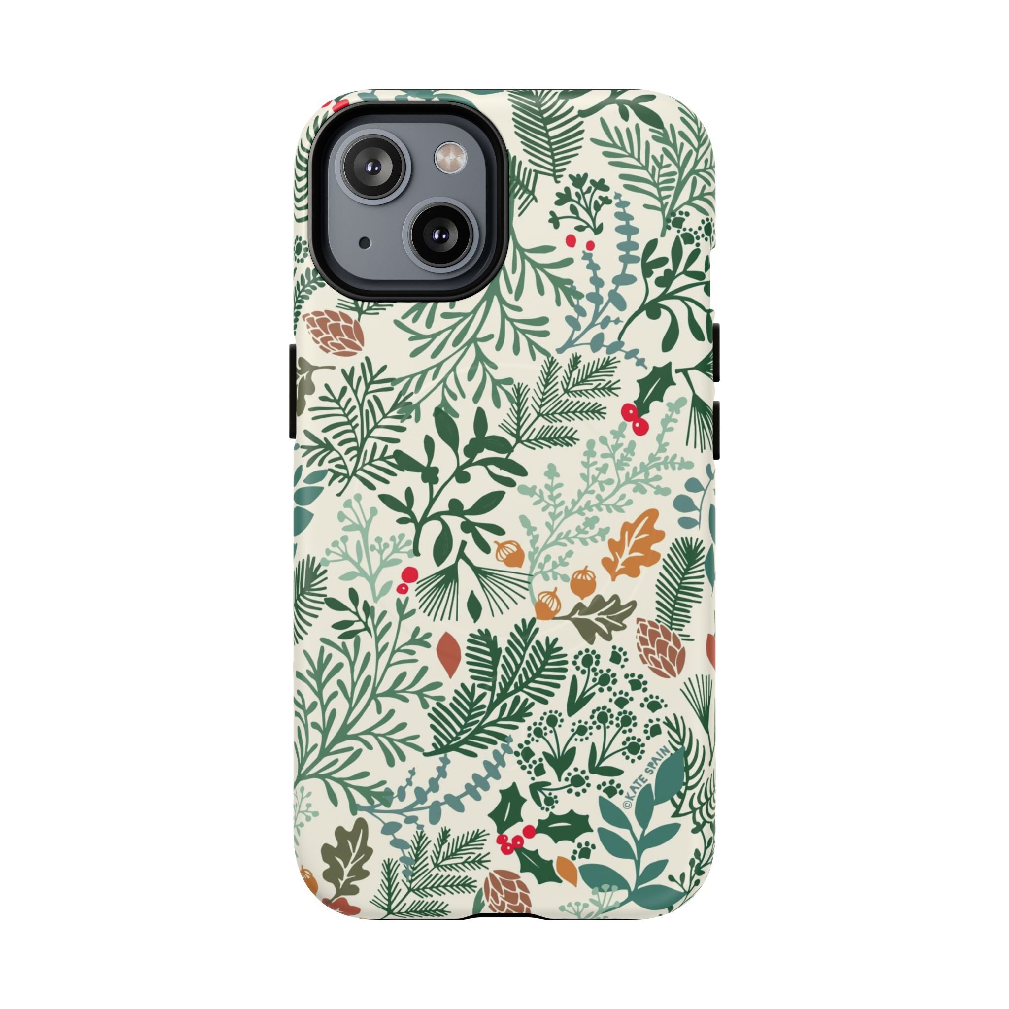 Juniper MagSafe iPhone 14 Case – Matte | cream, forest green, sage, and rust winter botanical print with pine, holly, acorns, and pinecones