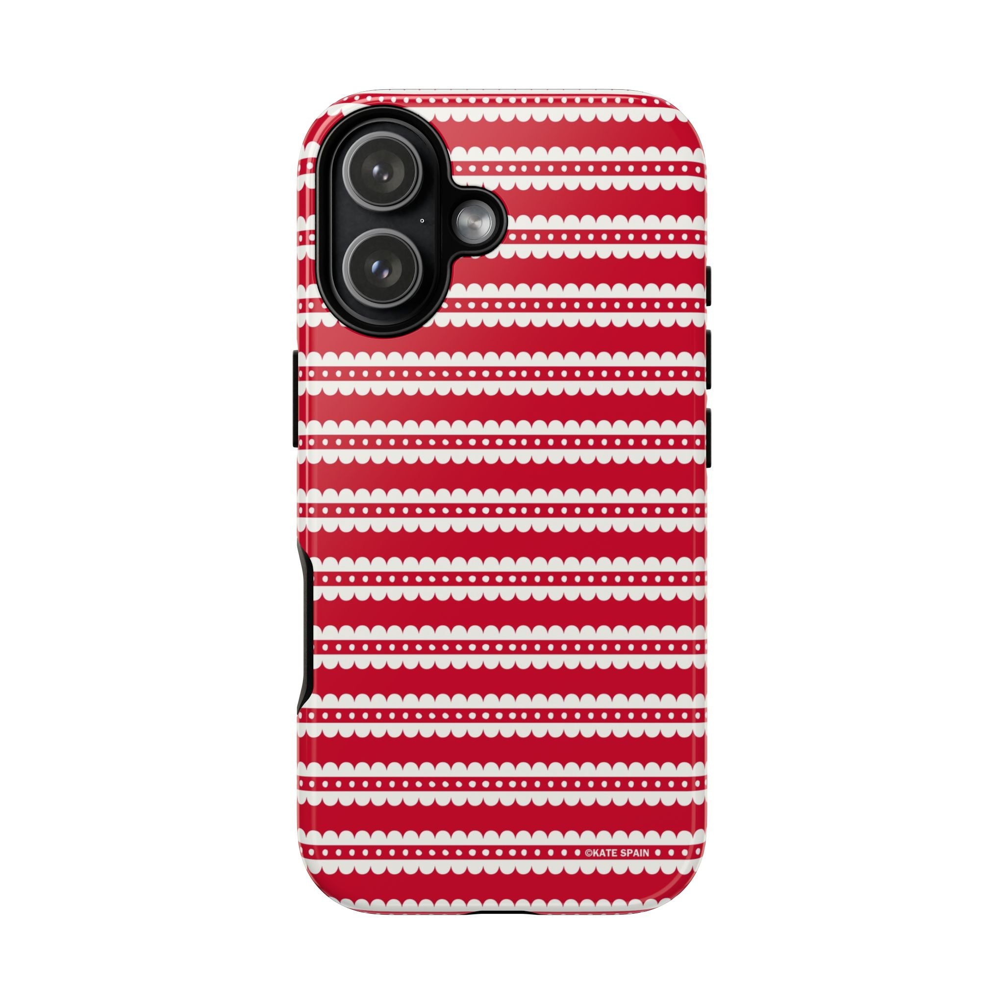 Candy Cane Stripe Tough iPhone 17 Case – Glossy | red, cream scalloped candy cane stripe print