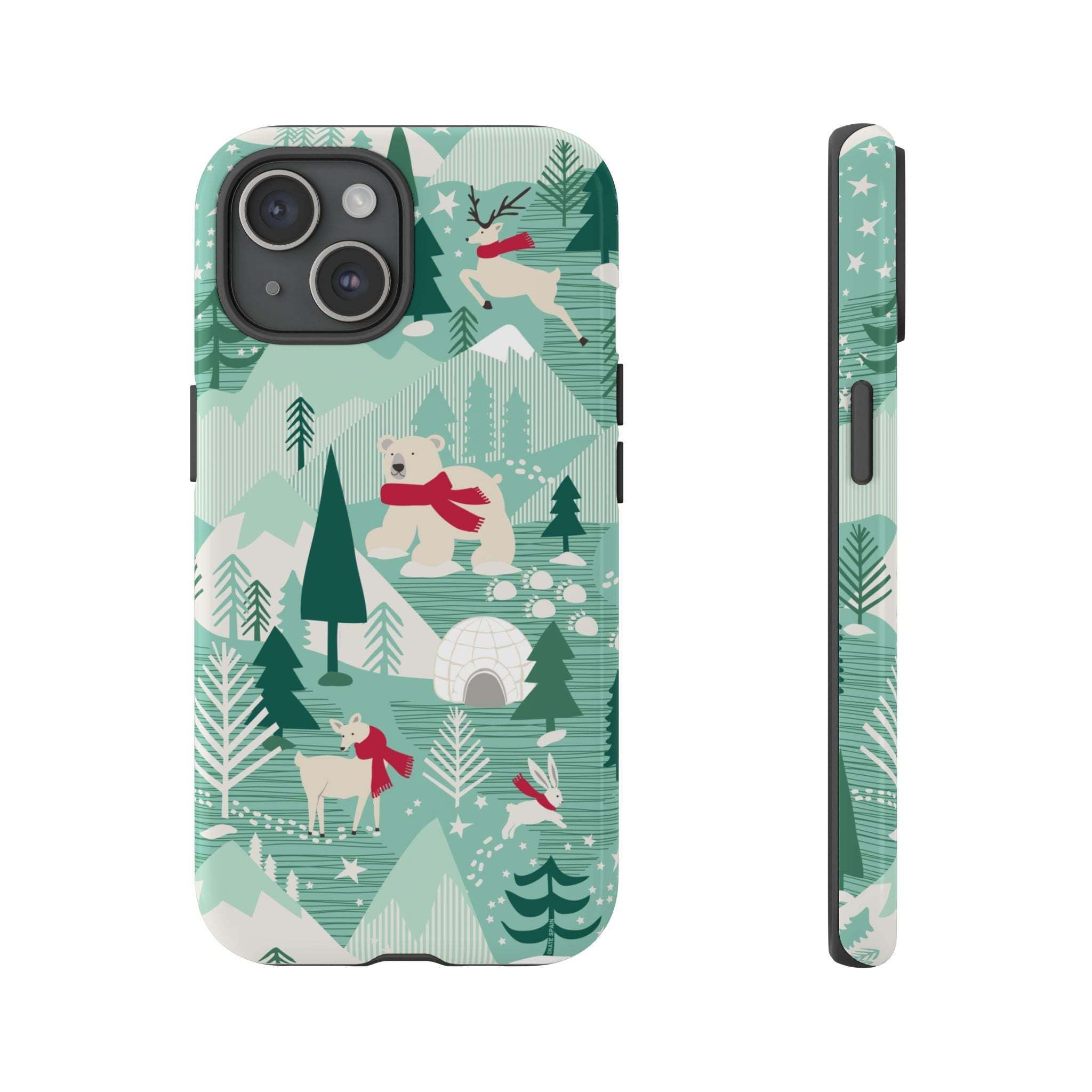 Arctica Winter Tough iPhone 15 Case – Glossy | aqua, evergreen, white, animal frolic winter wonderland print