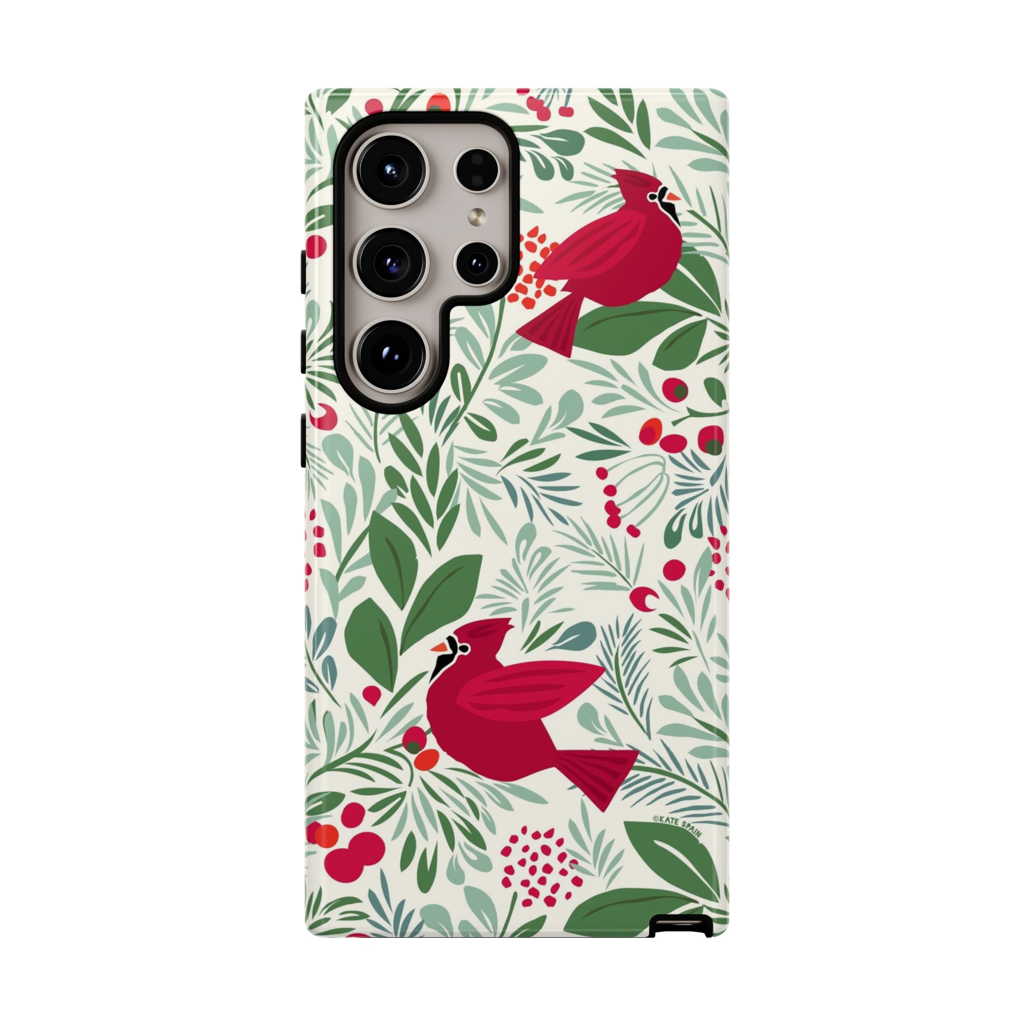 Birds and Berries Samsung Galaxy S25 Plus Case – Glossy | cream, red, green botanical cardinal berry print