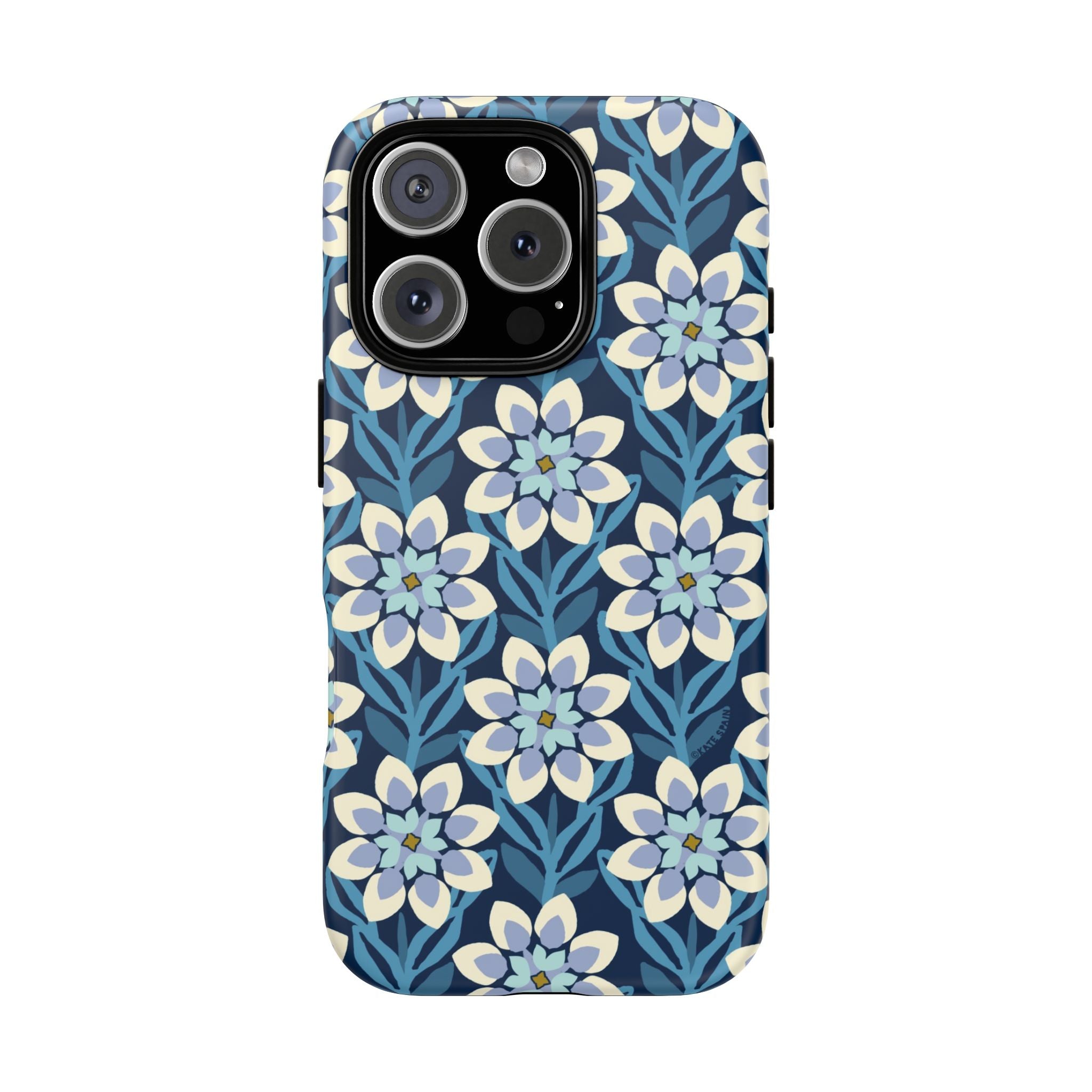 Designer Modern Dahlia Tough iPhone 16 Pro Case – Matte | navy, cobalt, white dahlia floral print
