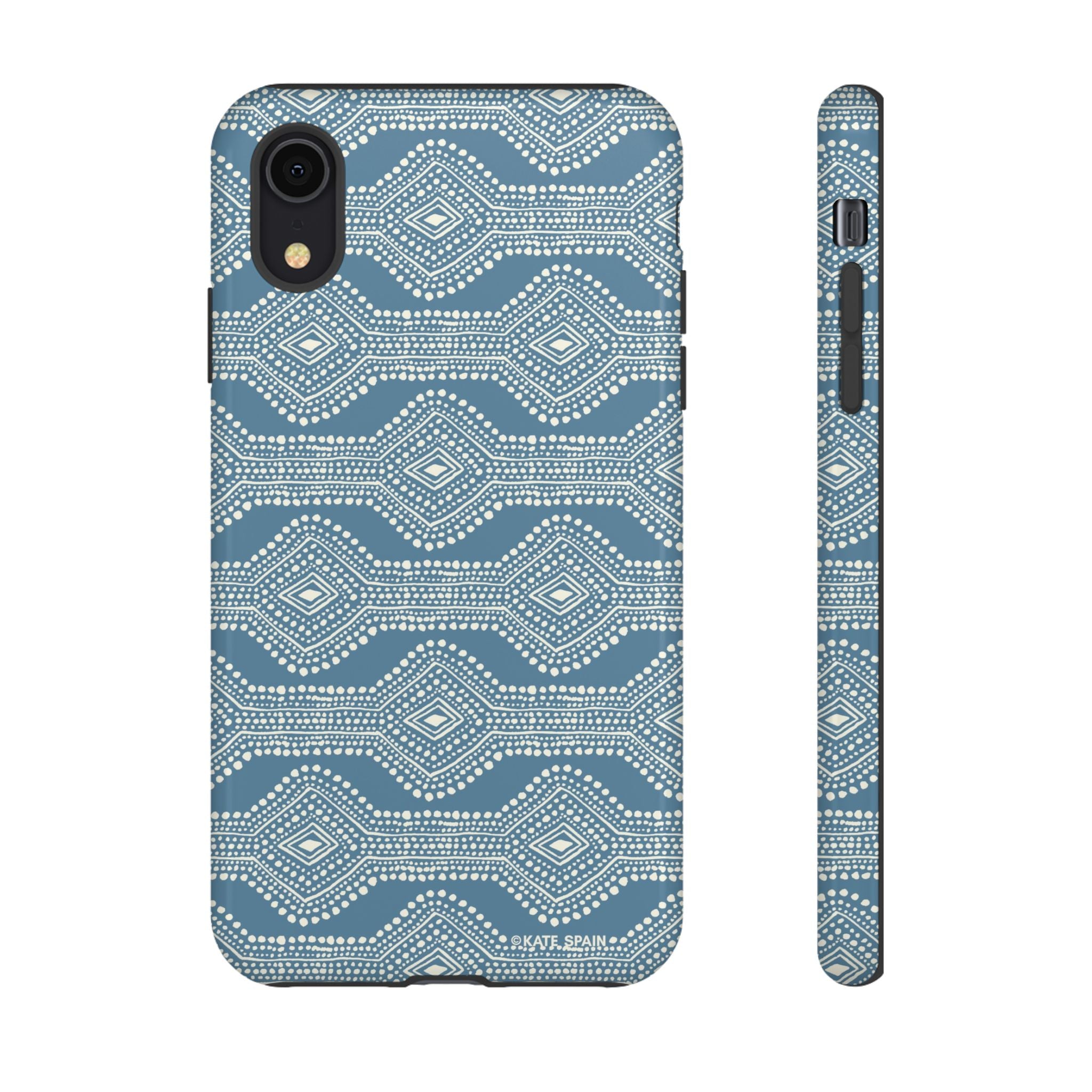 Diamond Dots Tough iPhone XR Case – Glossy | steel blue, white diamond dot geometric print
