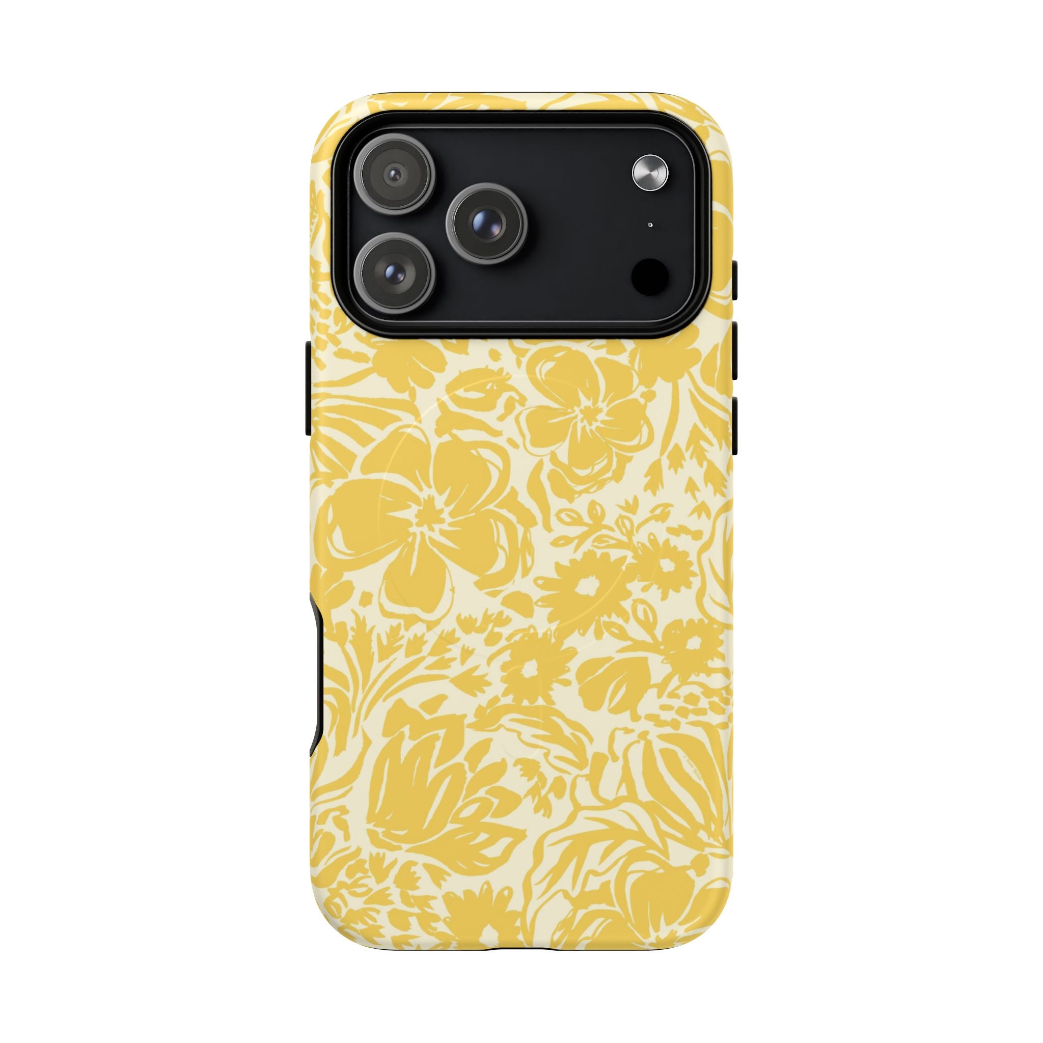Rhapsody Yellow MagSafe iPhone 17 Pro Max Matte case — bold golden yellow floral print on cream by Kate Spain