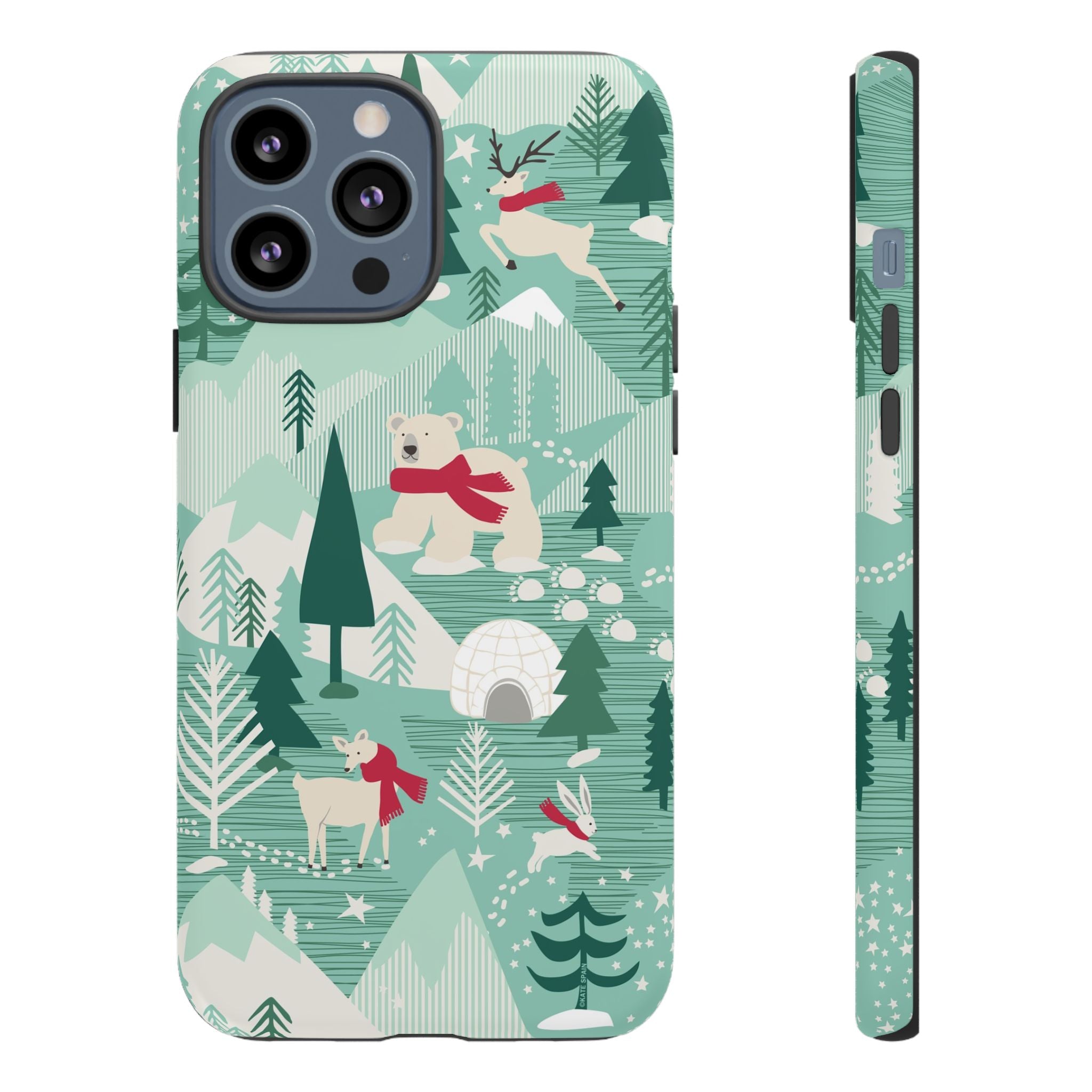 Arctica Winter Tough iPhone 13 Pro Max Case – Matte | aqua, evergreen, white, animal frolic winter wonderland print