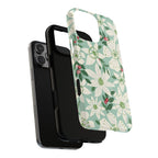 Gardenia MagSafe iPhone 16 Pro Max Case – Dual-layered view of case and inner lining in front of phone, with view of camera cutout and buttons | light blue, white, green, red gardenia botanical print