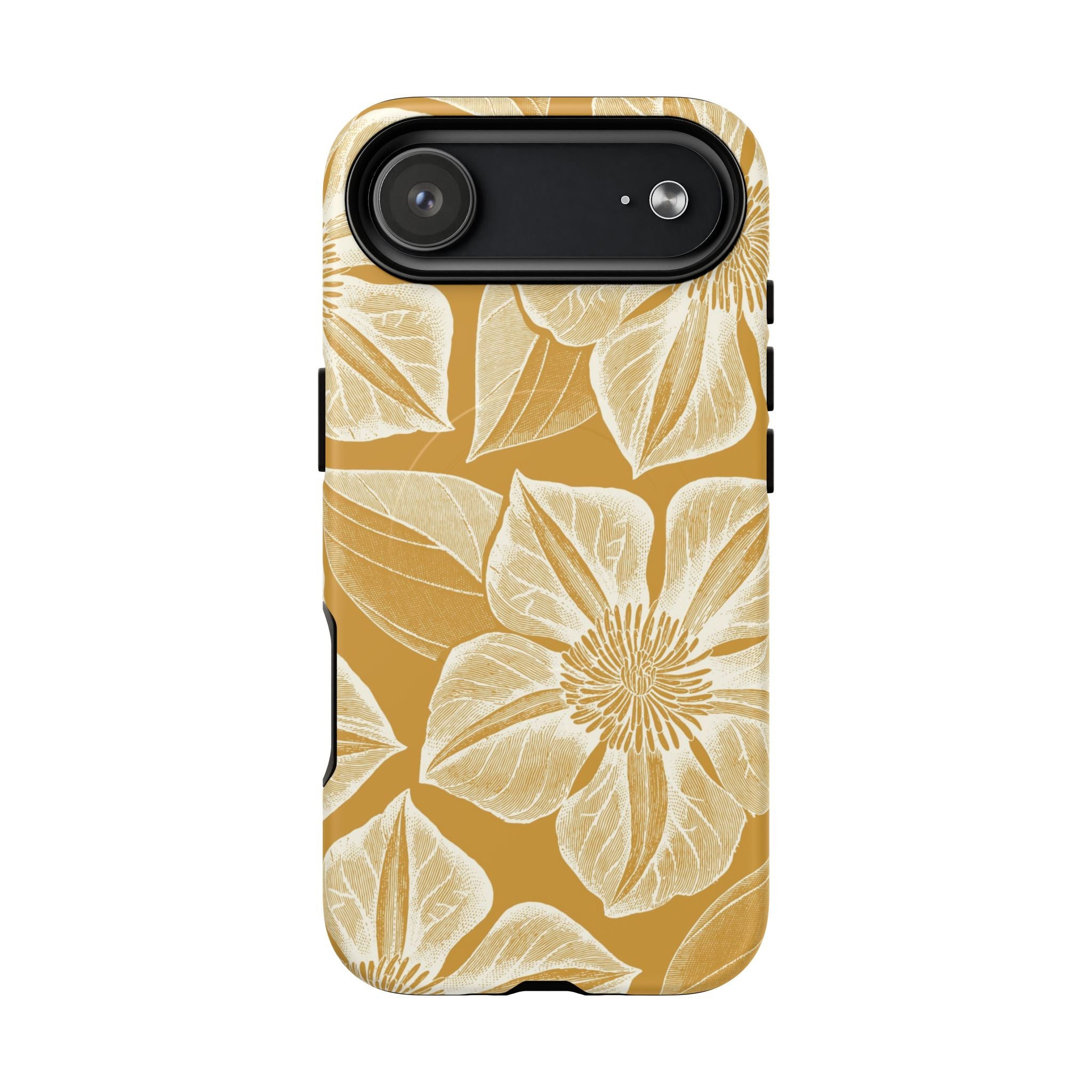 Vintage Bloom Gold MagSafe iPhone 17 Air Case – Matte | warm gold ground, large-scale cream clematis print, engraved petal detail, dual-layer protection
