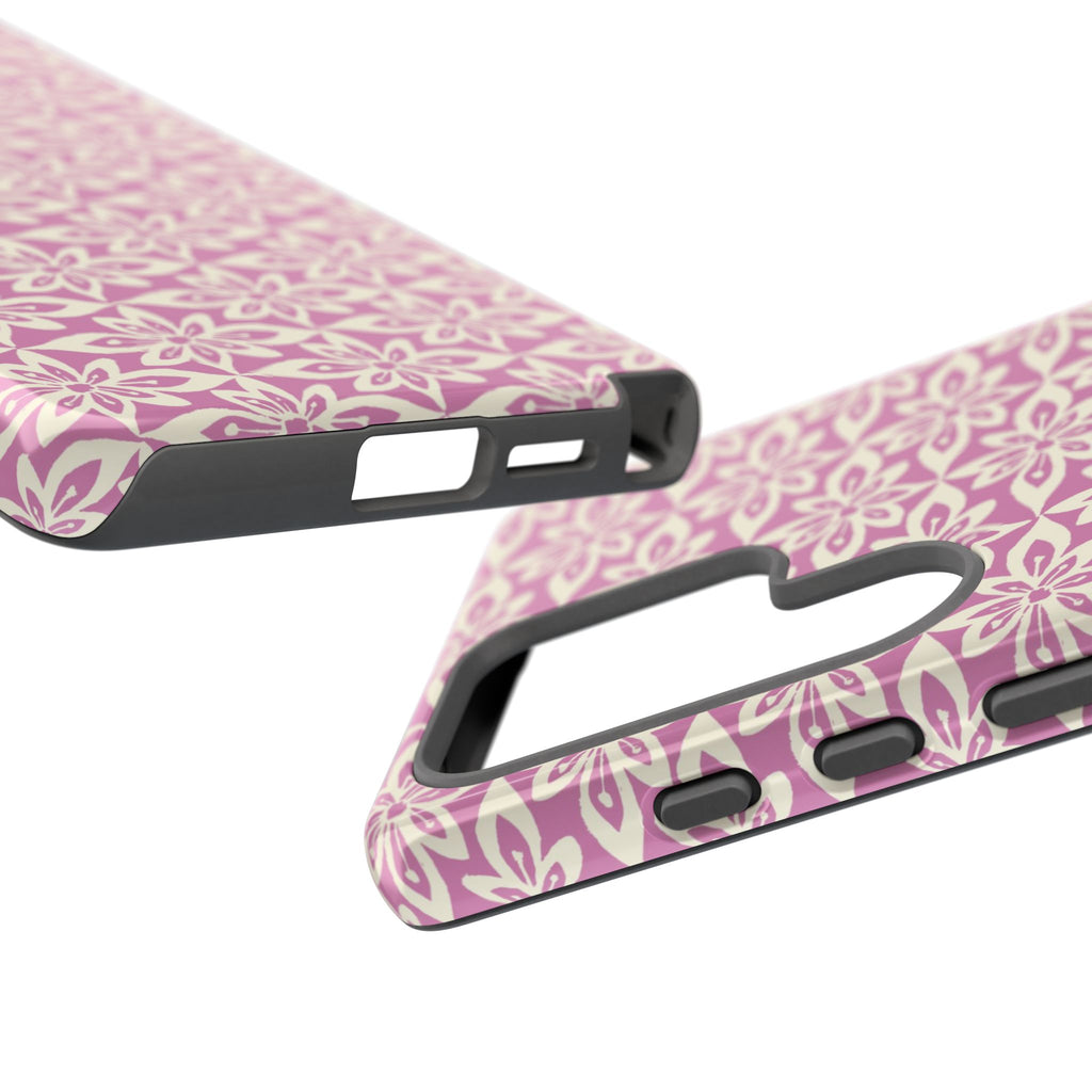 Lily Rose Samsung Galaxy S25 Ultra Glossy case — dual view showing ports, camera cutout, and buttons — graphic white lily on soft rose by Kate Spain