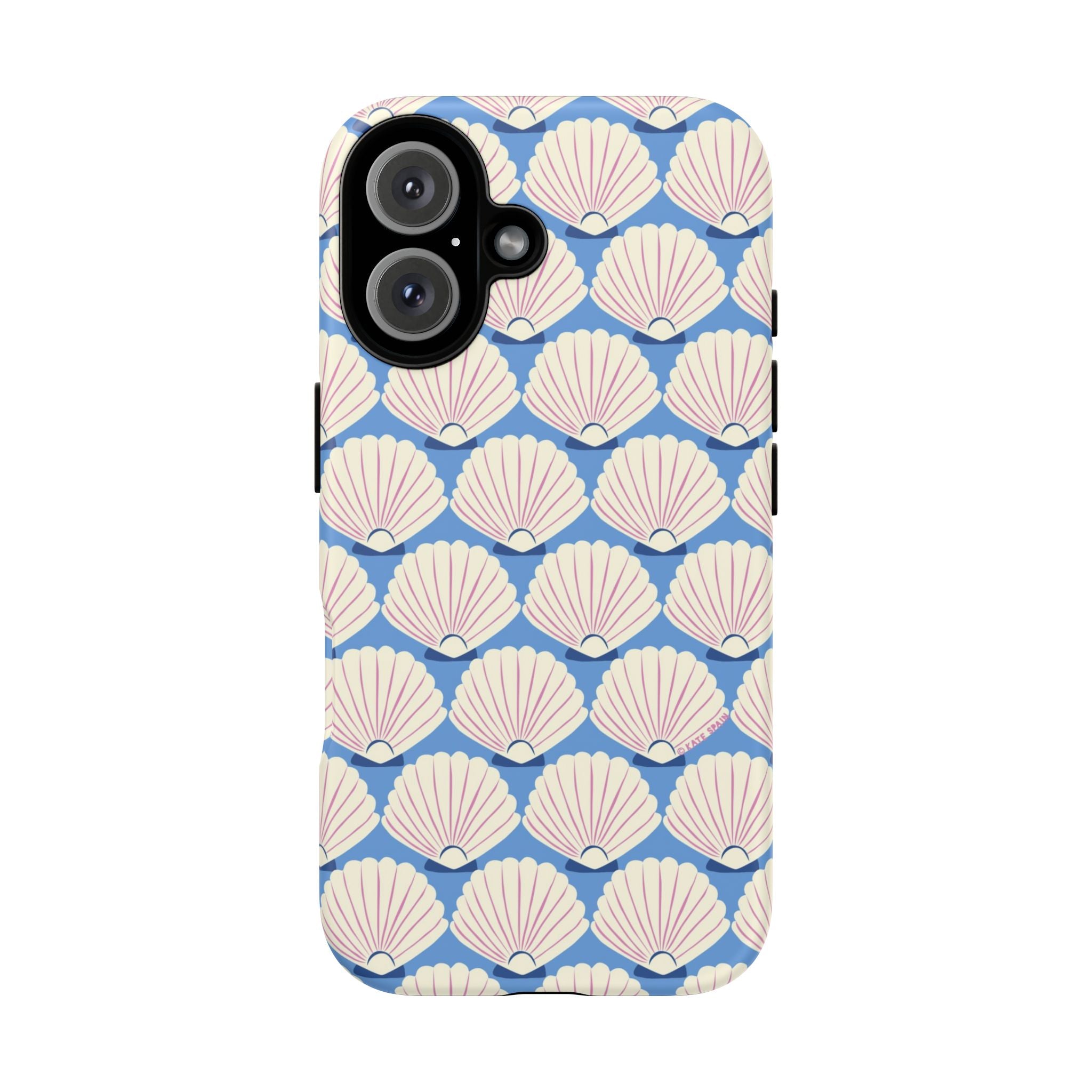 Seashells Tough iPhone 16 Case – Matte | periwinkle, cream, blush scallop shell print