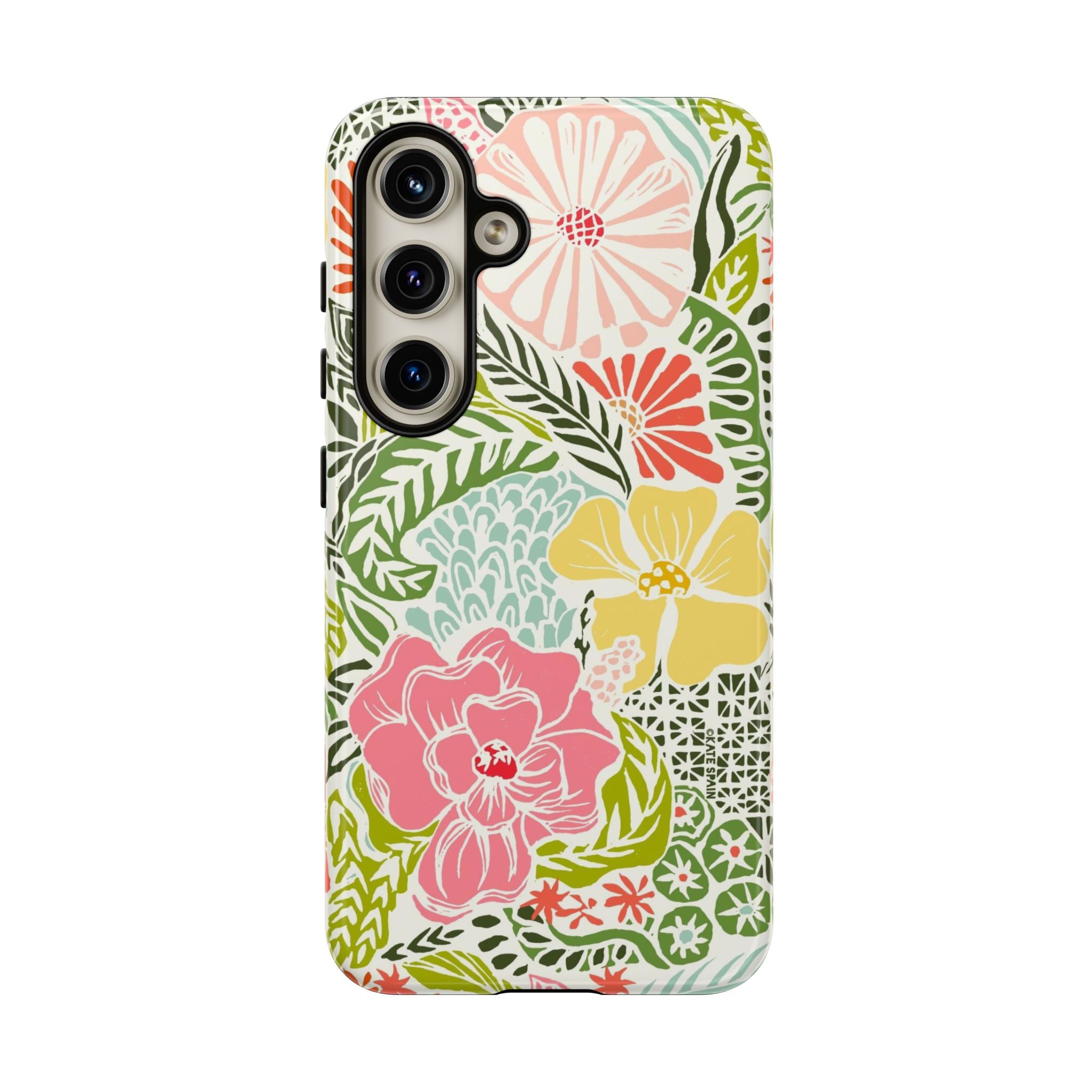Cute Tropica Samsung Galaxy S24 Case – Glossy | cream, pink, yellow, blue botanical floral print