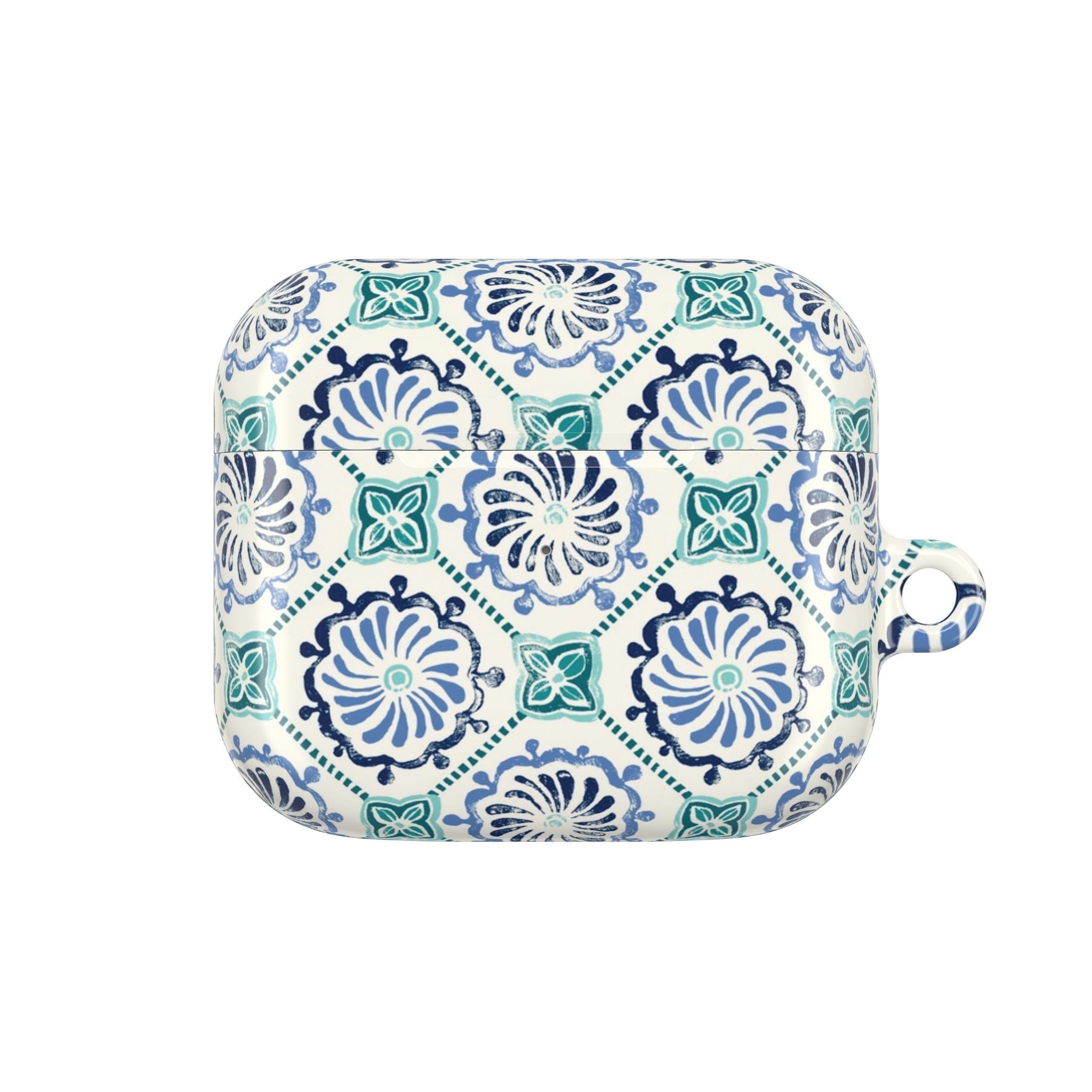 floriori Horizon Blue Tile AirPods case with a navy and teal Moroccan-inspired floral medallion print on white.