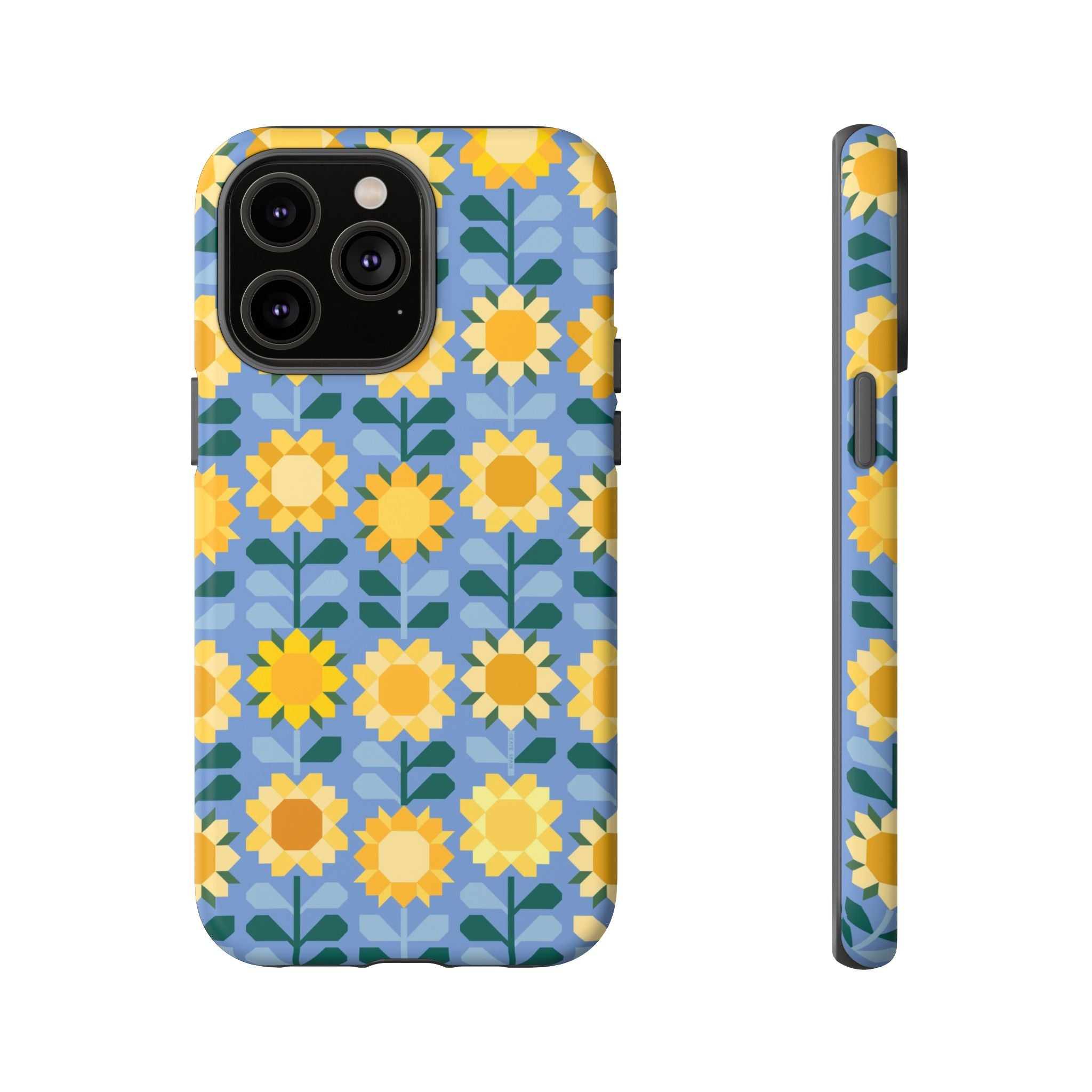 Sunflowers Tough iPhone 14 Pro Max Case – Matte | blue, yellow, gold geometric sunflower print