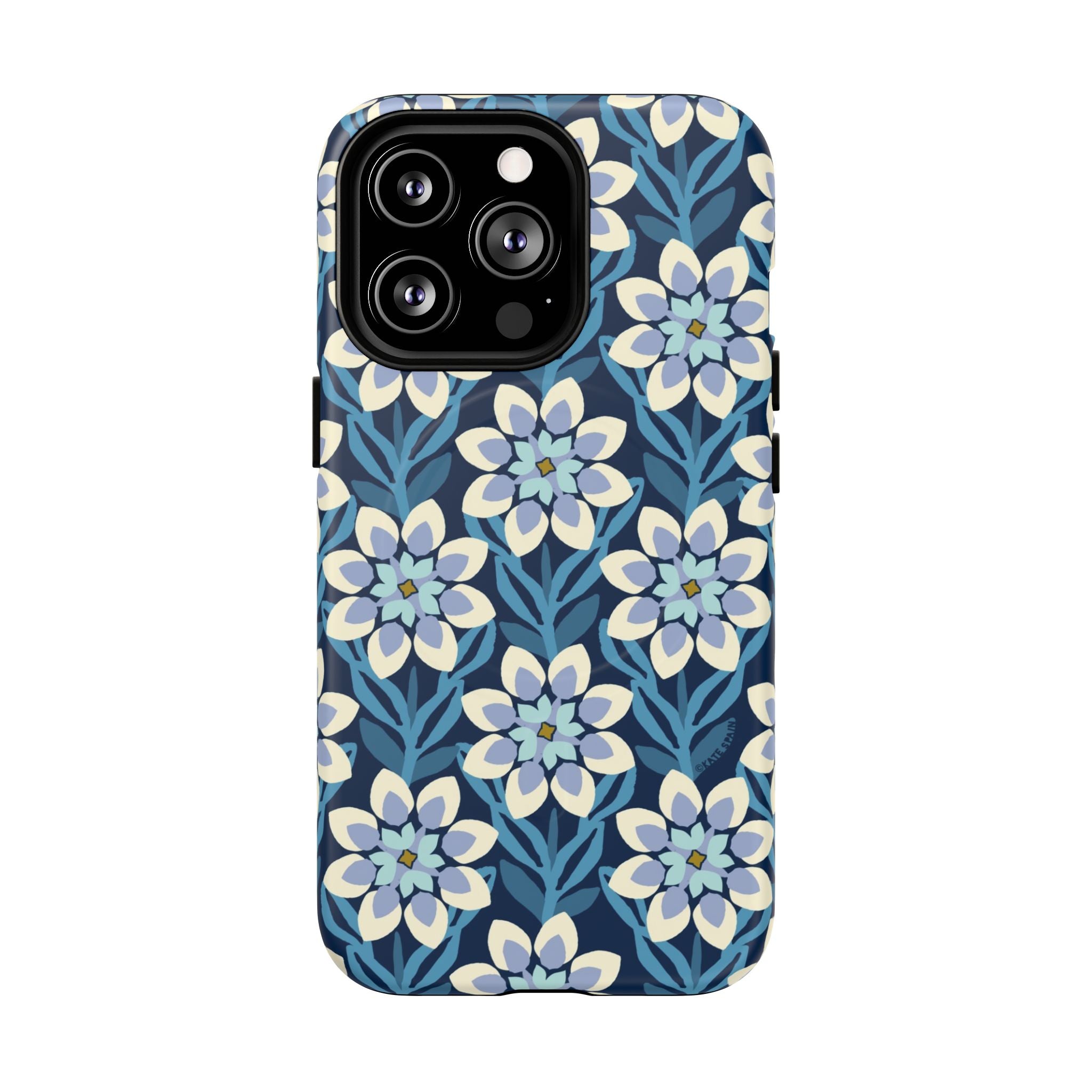 Luxury Modern Dahlia MagSafe iPhone 13 Pro Case – Matte  | navy, slate blue, white geometric dahlia tile floral print