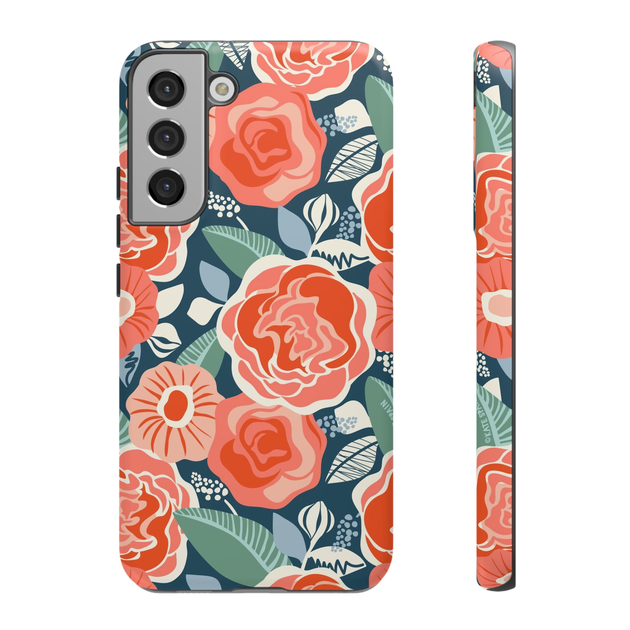 Luxury Tea Rose Navy Samsung Galaxy S22 Plus Case – Matte | navy, coral, peach botanical rose floral print