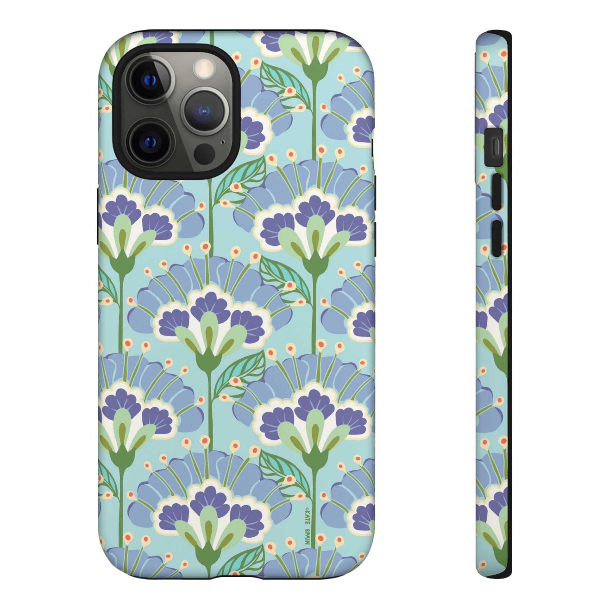 Lantern Flower Tough iPhone 12 Pro Max Case – Matte | aqua, periwinkle, green botanical lantern floral print