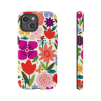 Happy Blooms Tough iPhone 15 Case – Glossy | cream, red, magenta, coral botanical floral print