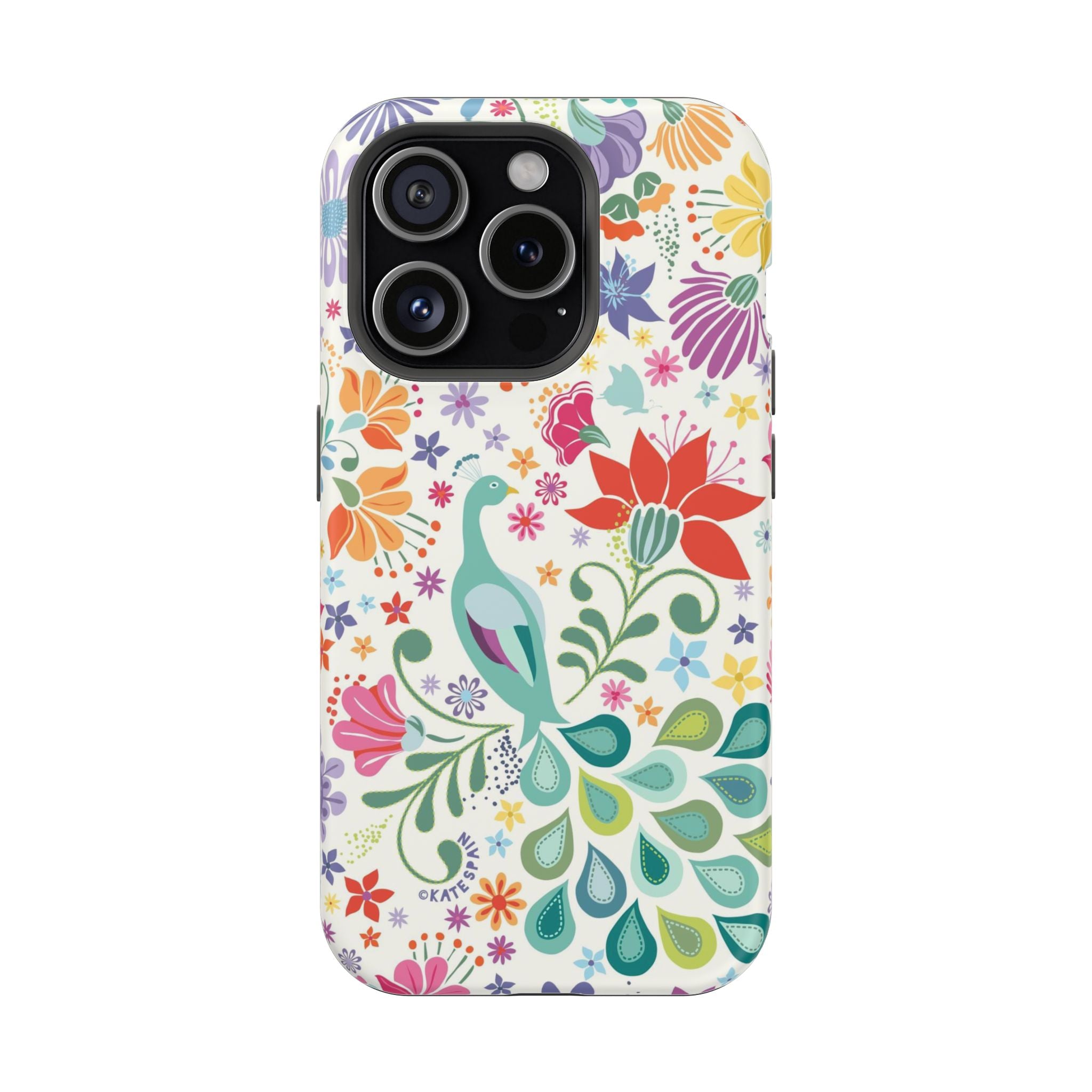Peacock Sanctuary MagSafe iPhone 15 Pro Case – Matte | ivory, teal, navy peacock botanical print MagSafe compatible, dual-layer protection