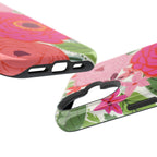 Bloomerie MagSafe iPhone 17 Glossy Case – lifestyle angled view of button, ports, and camera cutout | cream, magenta, coral botanical peony floral print