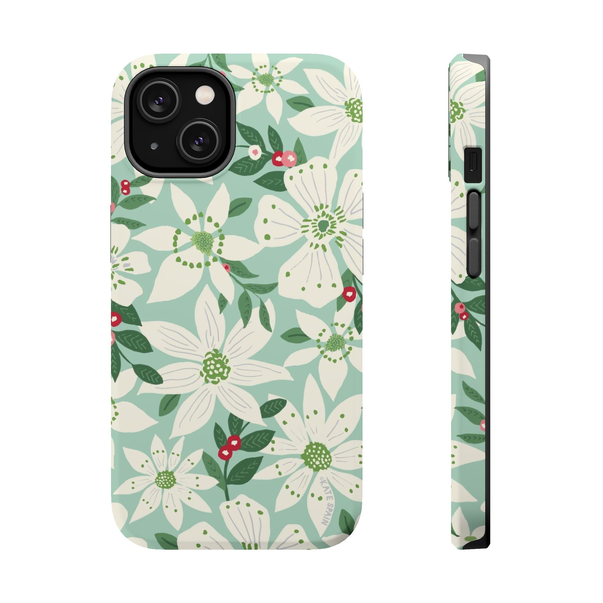 Gardenia MagSafe iPhone 14 Case – Matte | light blue, white, green, red gardenia botanical print MagSafe compatible, dual-layer protection