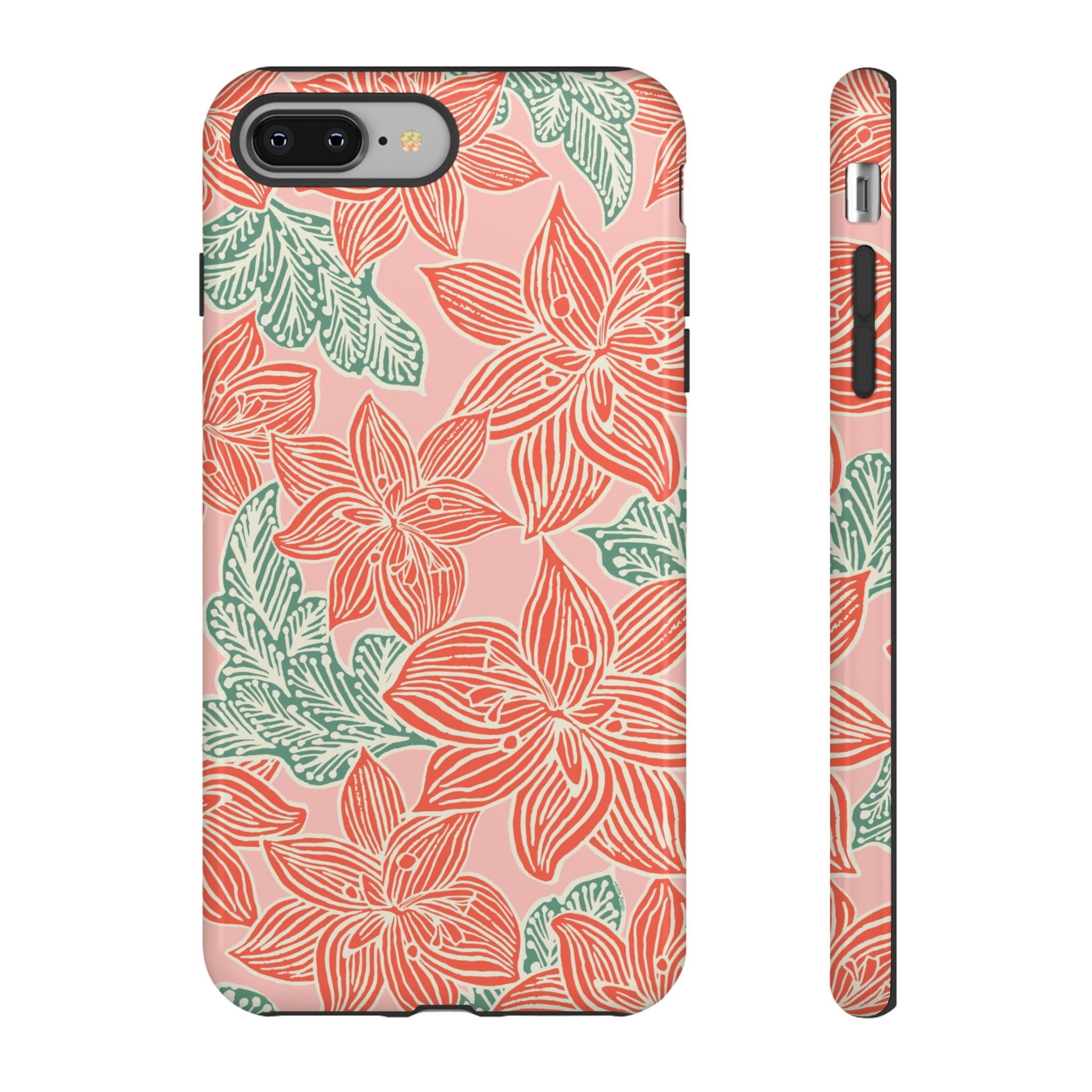 Hibiscus Coral iPhone 8 Plus Glossy Case — blush pink hard case with large-scale coral red hibiscus flowers and teal-green leaves in a bold botanical linework print, densely layered across the surface