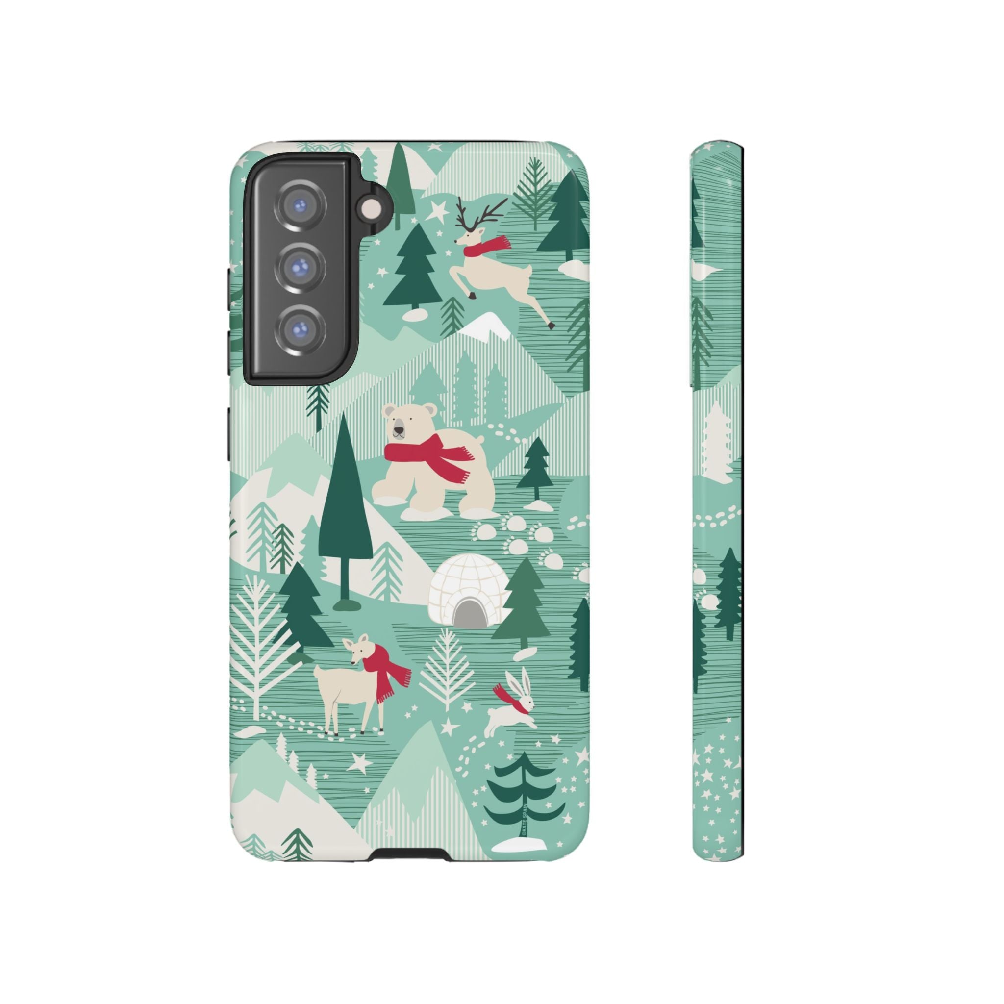 Arctica Winter Samsung Galaxy S21 FE Case – Glossy | aqua, evergreen, white, animal frolic winter wonderland print