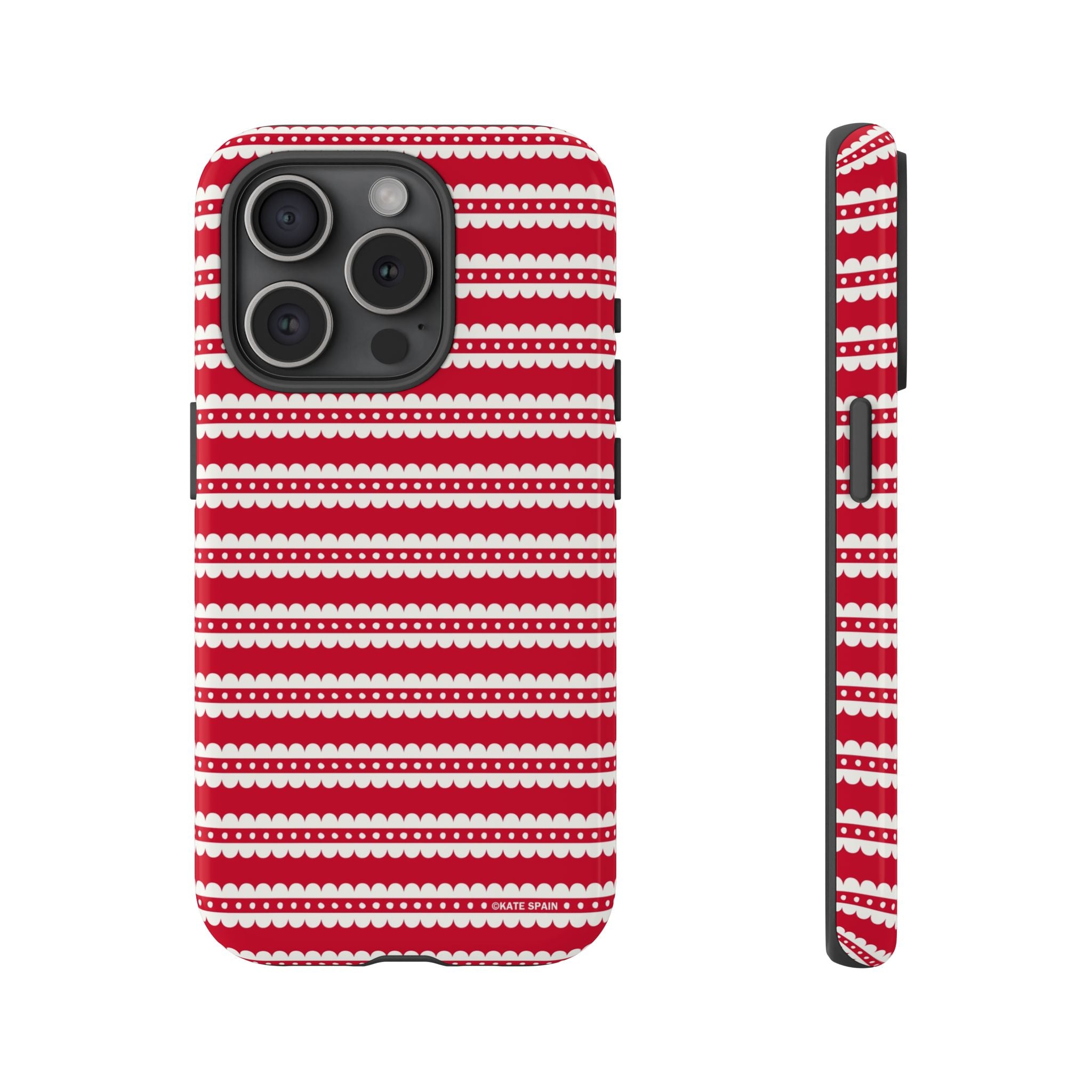 Candy Cane Stripe Tough iPhone 15 Pro Case – Glossy | red, cream scalloped candy cane stripe print